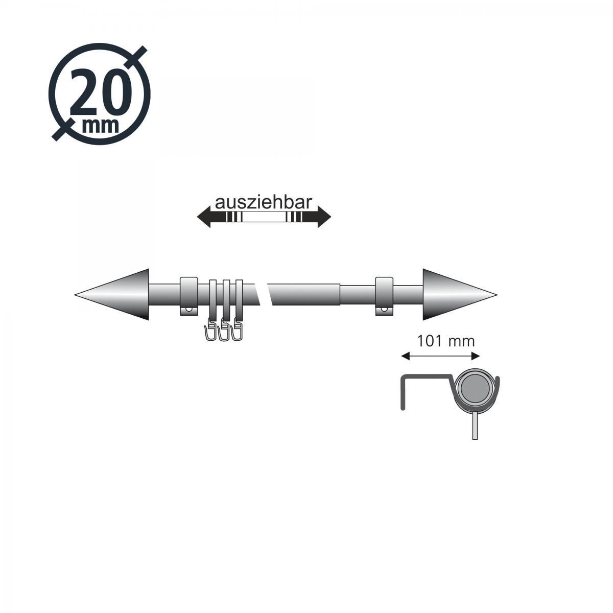 Bella Casa Gardinenstange, Stilgarnitur, Komplettgarnitur - Kegel 130 - 240 cm ausziehbar,ø 20 mm edelstahl-optik