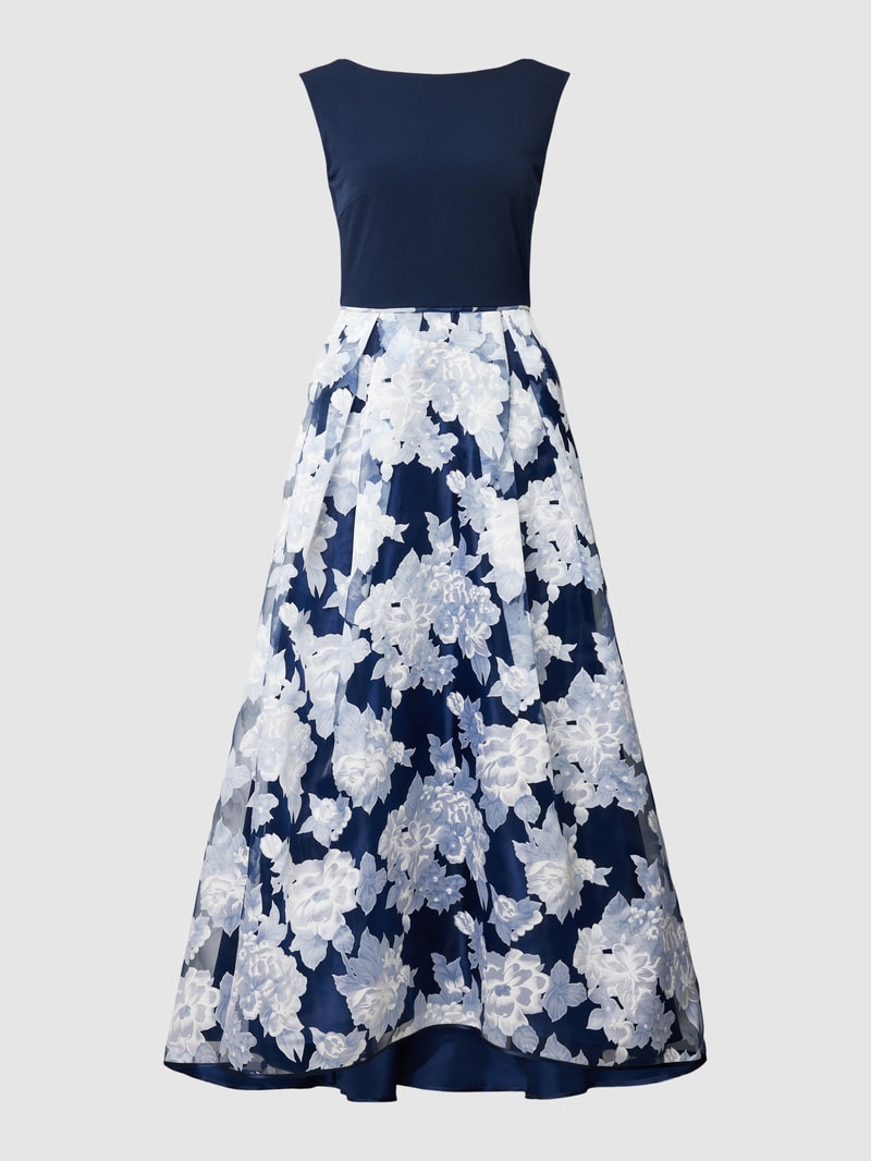 Abendkleid mit floralem Muster in marineblau meliert