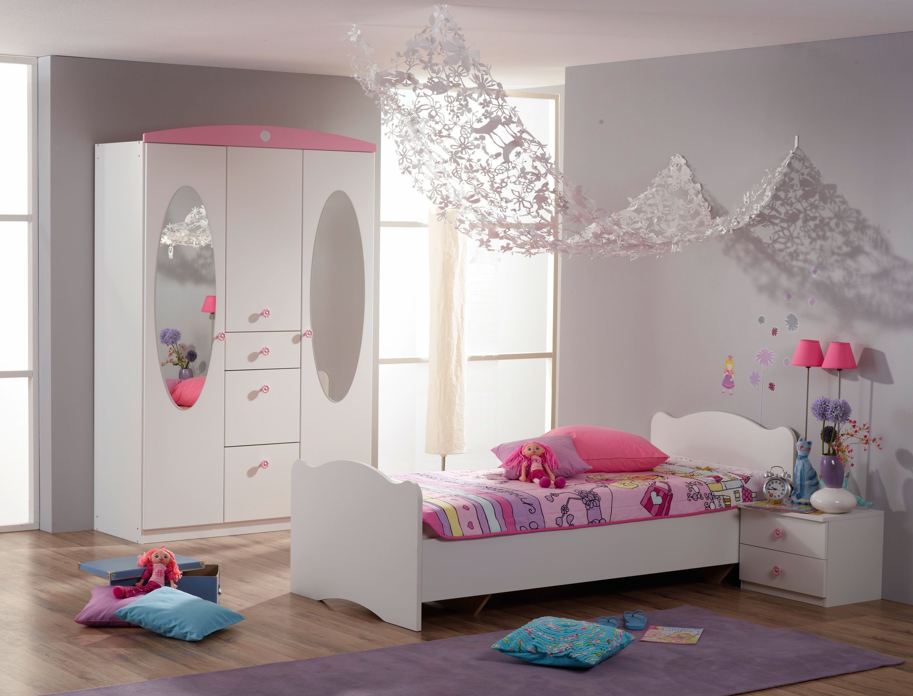 Kindermöbel 24 Komplettschlafzimmer Kinderzimmer Mädchen Blümchen 3-teilig weiß - rosa