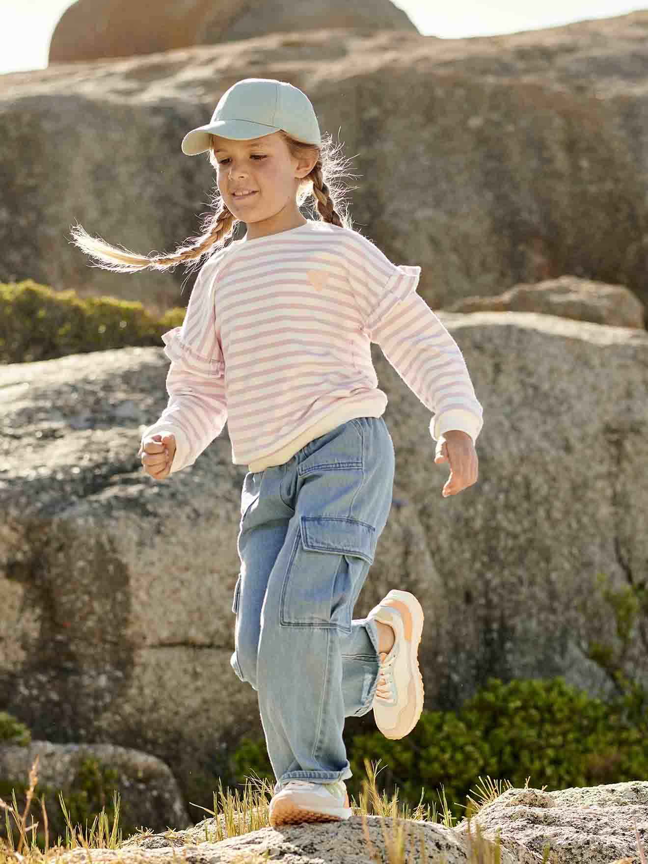 Vertbaudet Mädchen Ringel-Sweatshirt, Volantärmel Oeko-Tex - altrosa