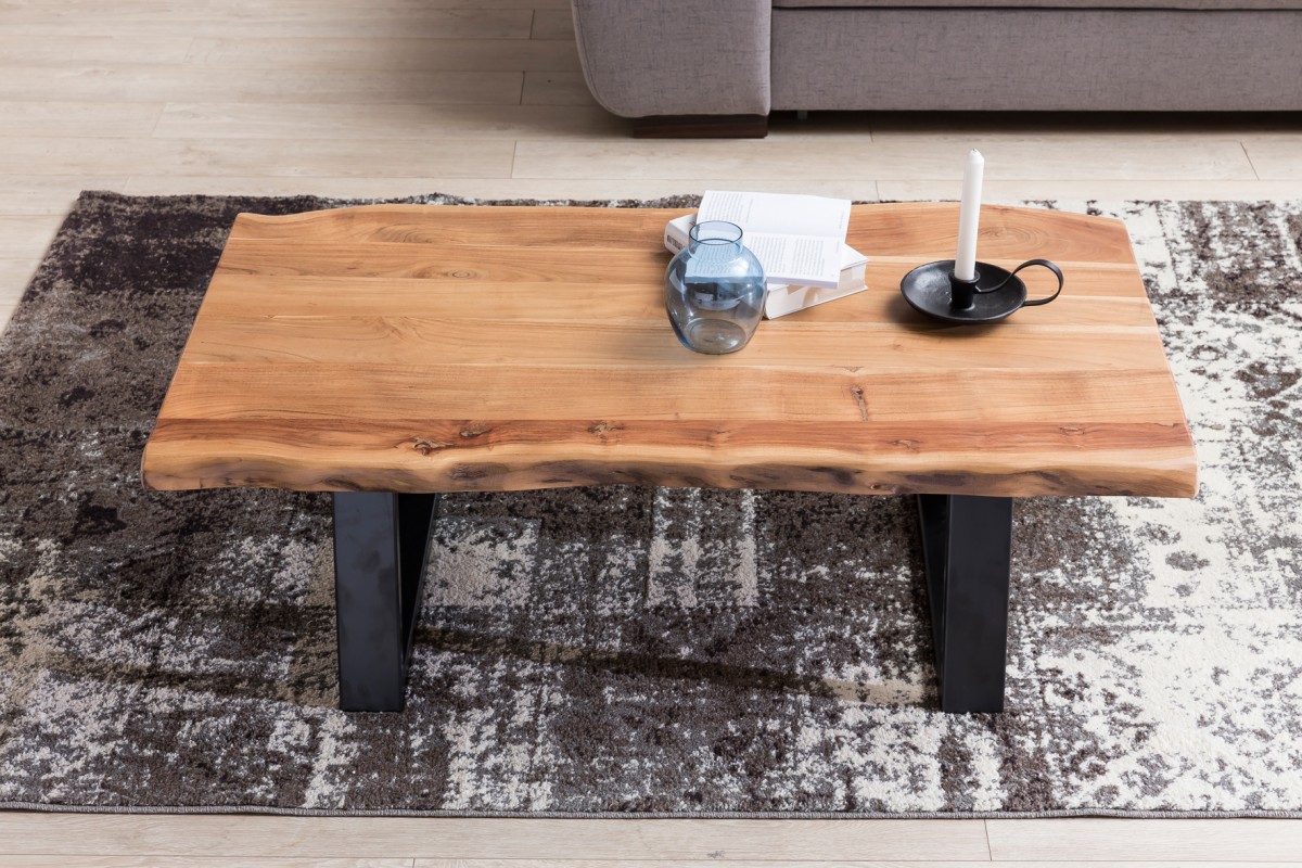 Wohnling Couchtisch aus Massivholz Akazie | Baumstamm Wohnzimmertisch 115 x 40 x 60 cm | Beistelltisch im Landhausstil