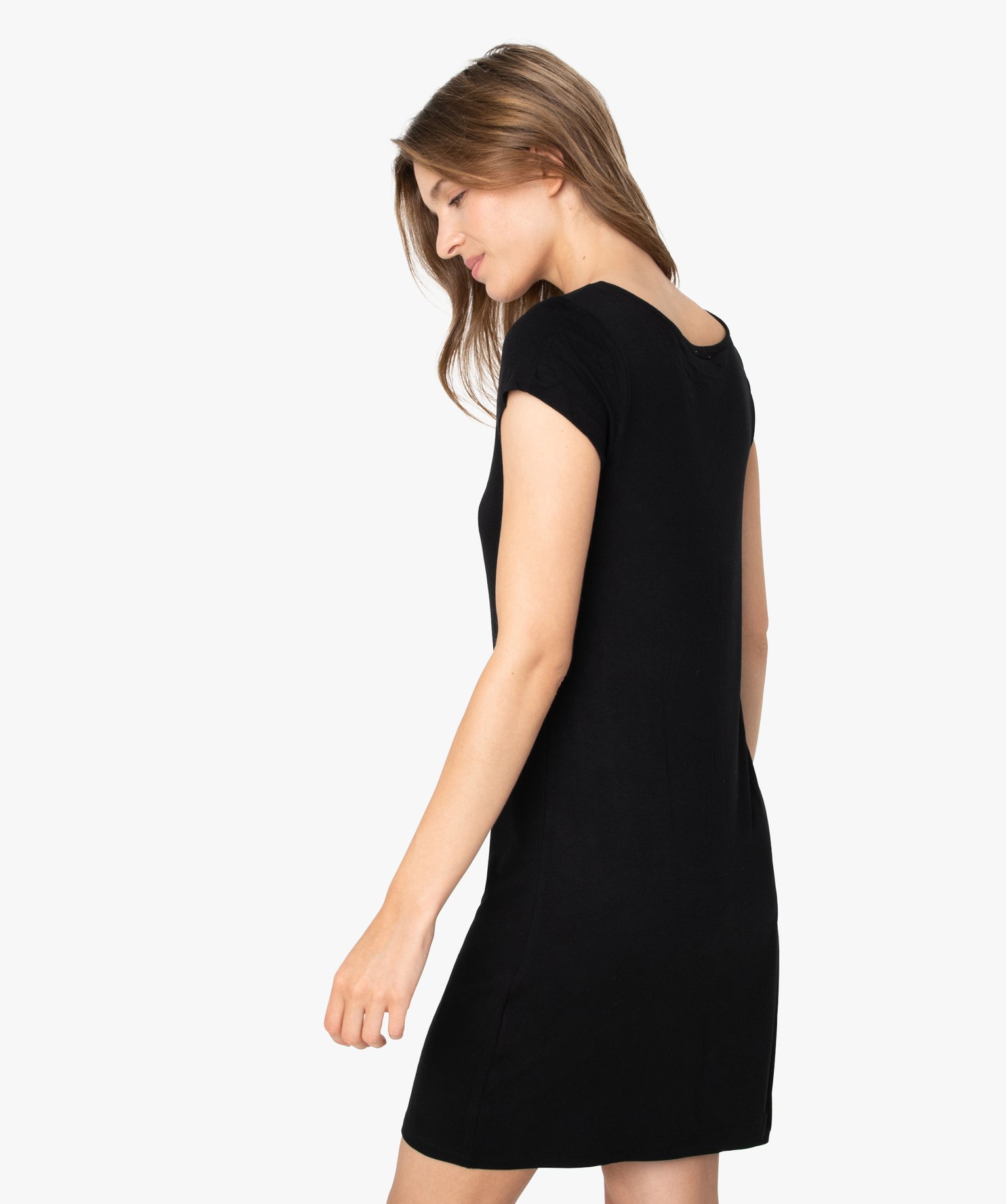 Chemise de nuit en maille extensible avec col V en dentelle ... noir | GEMO