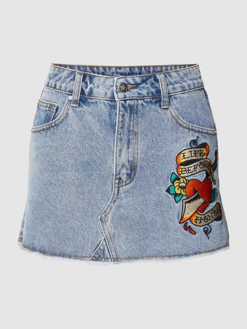Jeansrock mit Motiv-Stitching Modell 'LIFE-BEFORE' in jeans