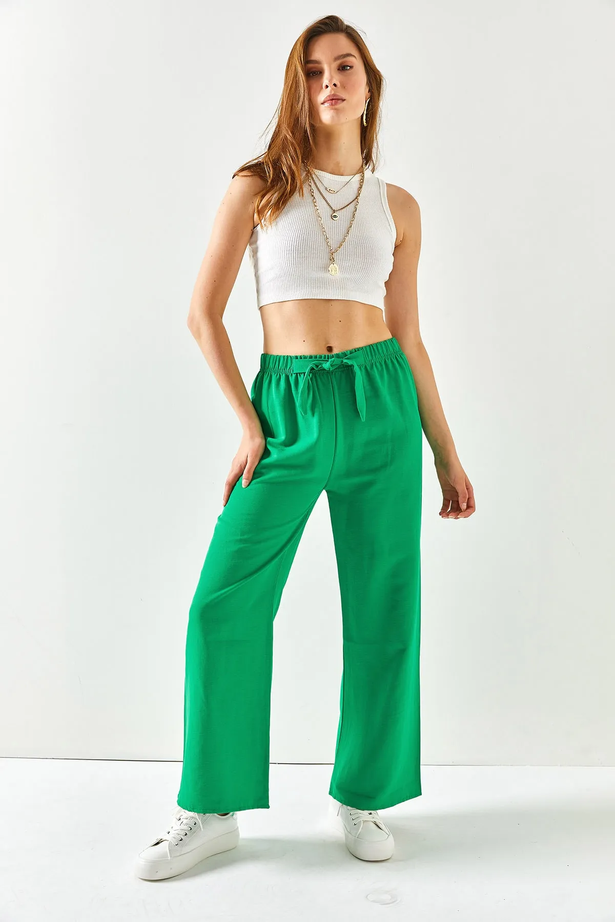 Olalook  Grasgrüne Palazzo-Leinenhose mit elastischem Bund und Schnürung für Damen PNT-19000219