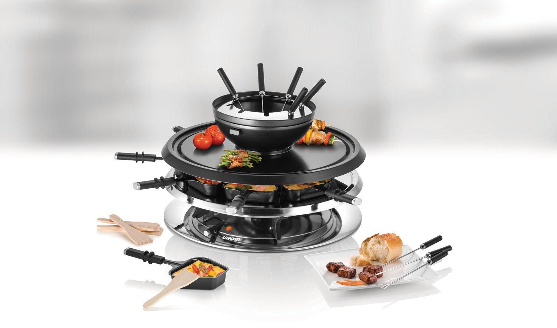 Unold Raclette und Fondue-Set Multi 4 in 1 - 48726, 8 Raclettepfännchen, 1300 W