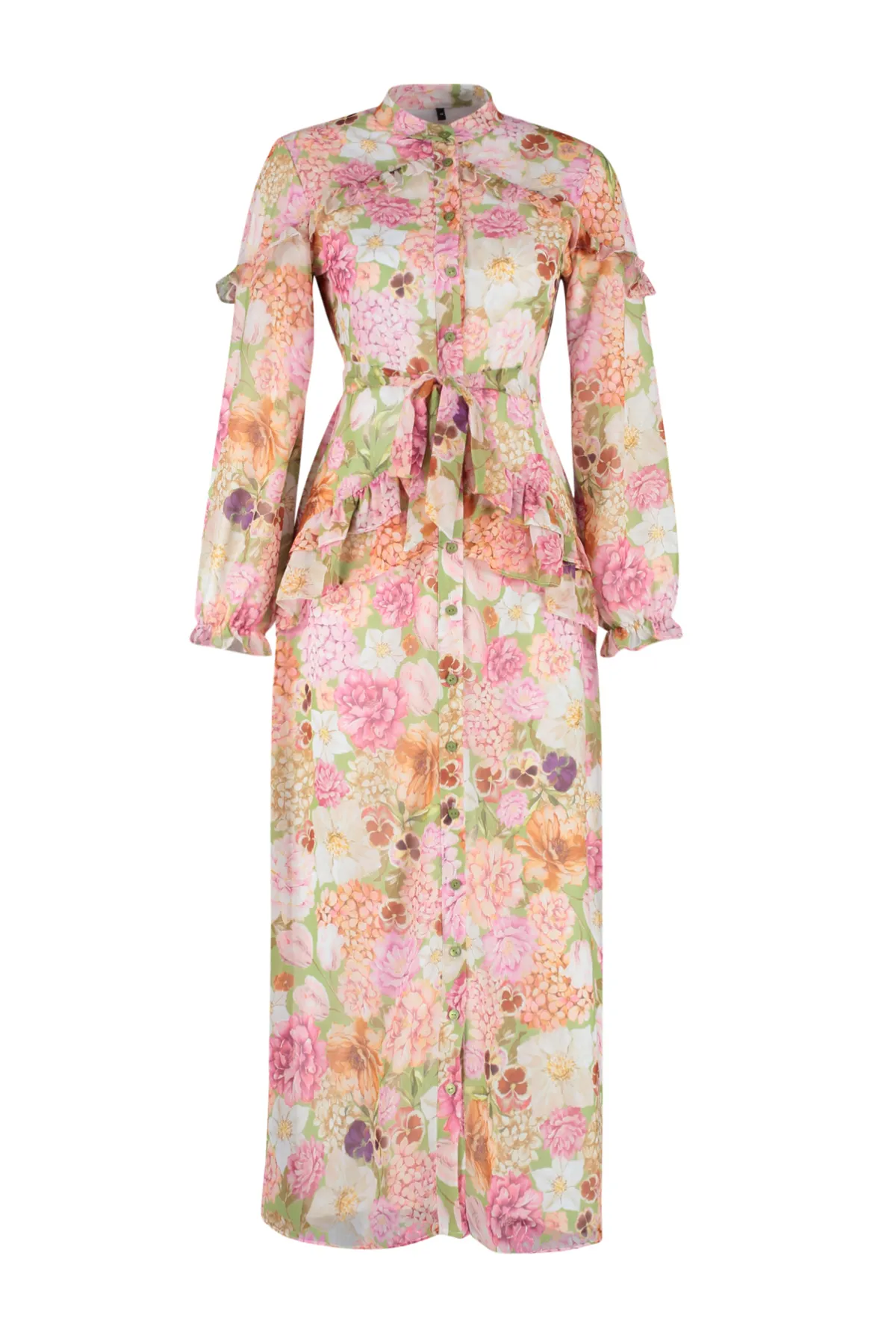 Trendyol Modest  Rosa Kleid aus gewebtem Chiffon mit Blumenmuster, Rüschendetail und Futter TCTSS24EB00003