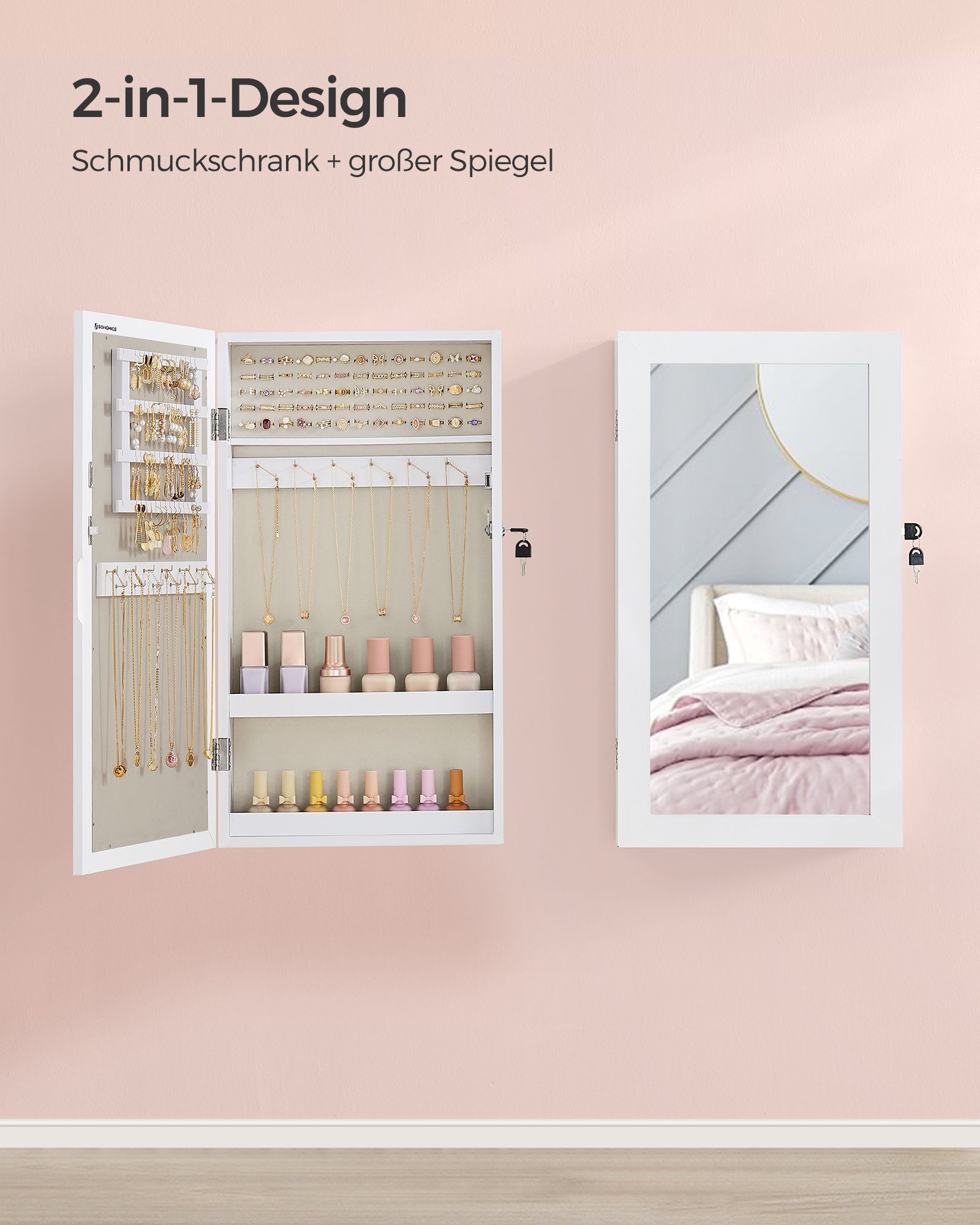 SONGMICS Schmuckschrank Spiegelschrank abschließbarer Wandschrank, weiß