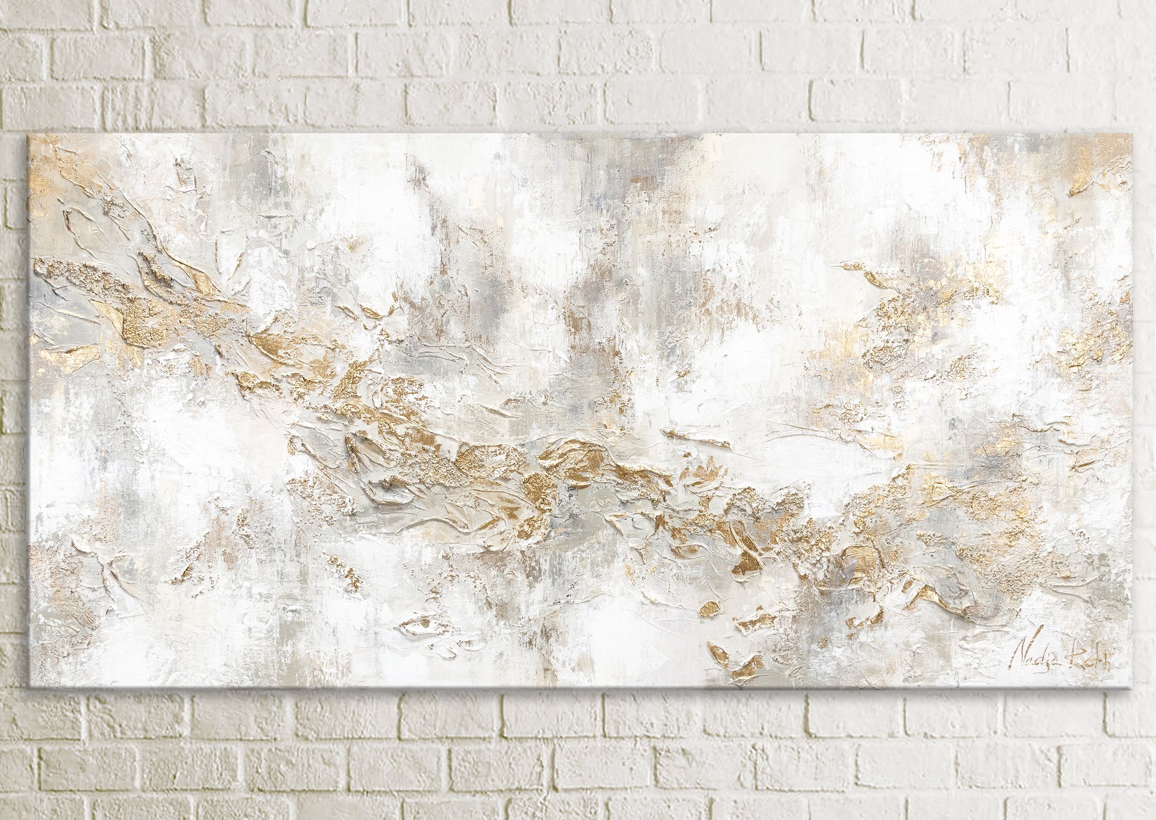 YS-Art Gemälde Geschichte, Abstrakte Bilder, Leinwand Bild Handgemalt Gold Weiß Beige Gelb