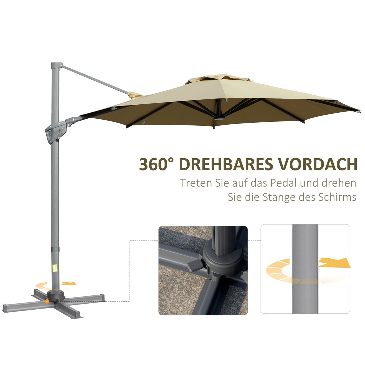 Outsunny Sonnenschirm Ø298 cm Kurbelschirm Ampelschirm Winkel verstellbar Khaki