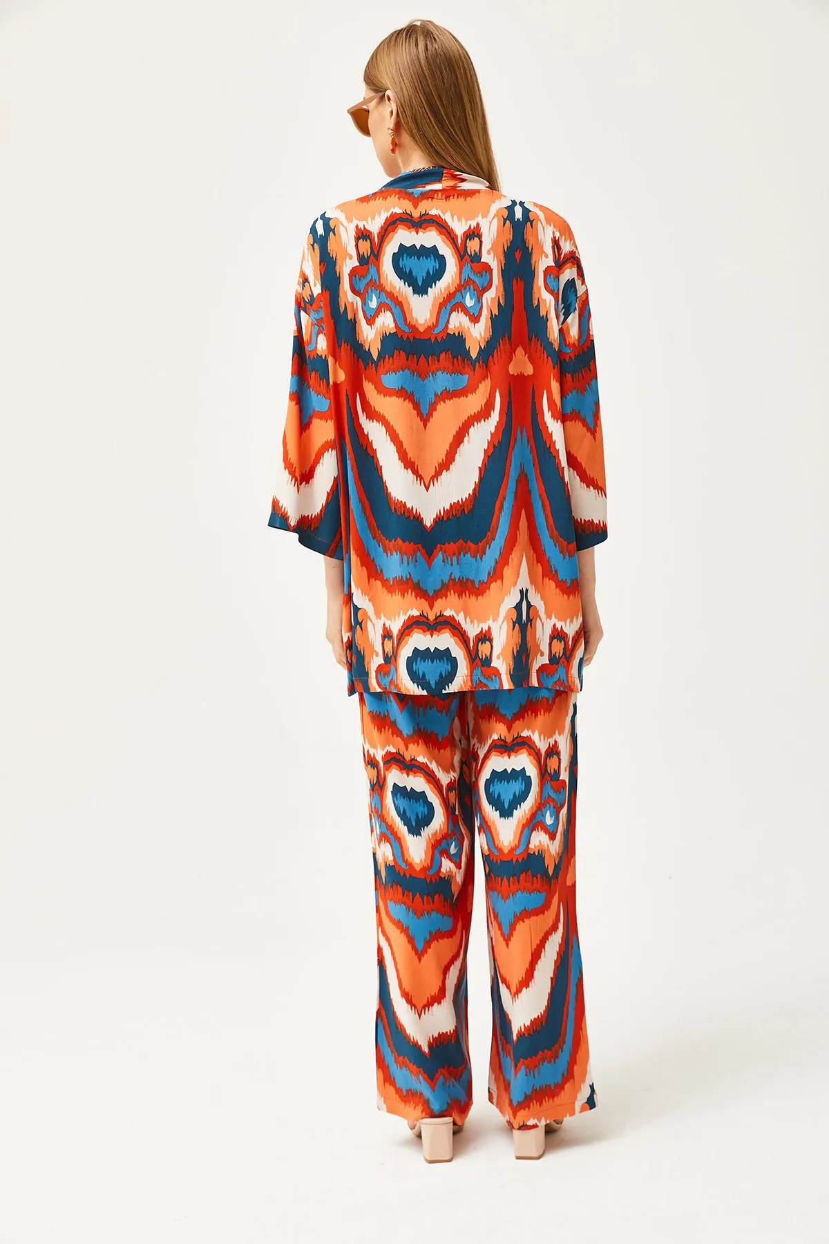 Olalook  Damen Orange Blau Oberteil Kimono Unterteil Taschenhose Set TKM-19000276
