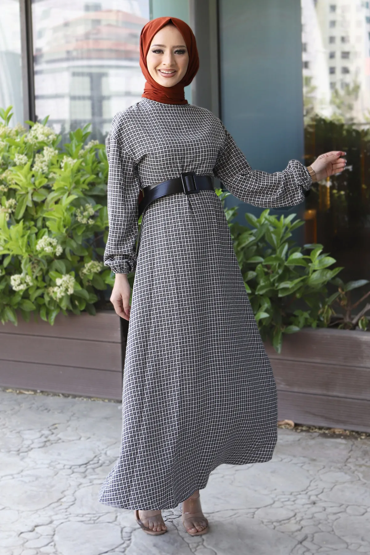 Tesettür Dünyası  Kariertes Kleid Tsd220542 Grau