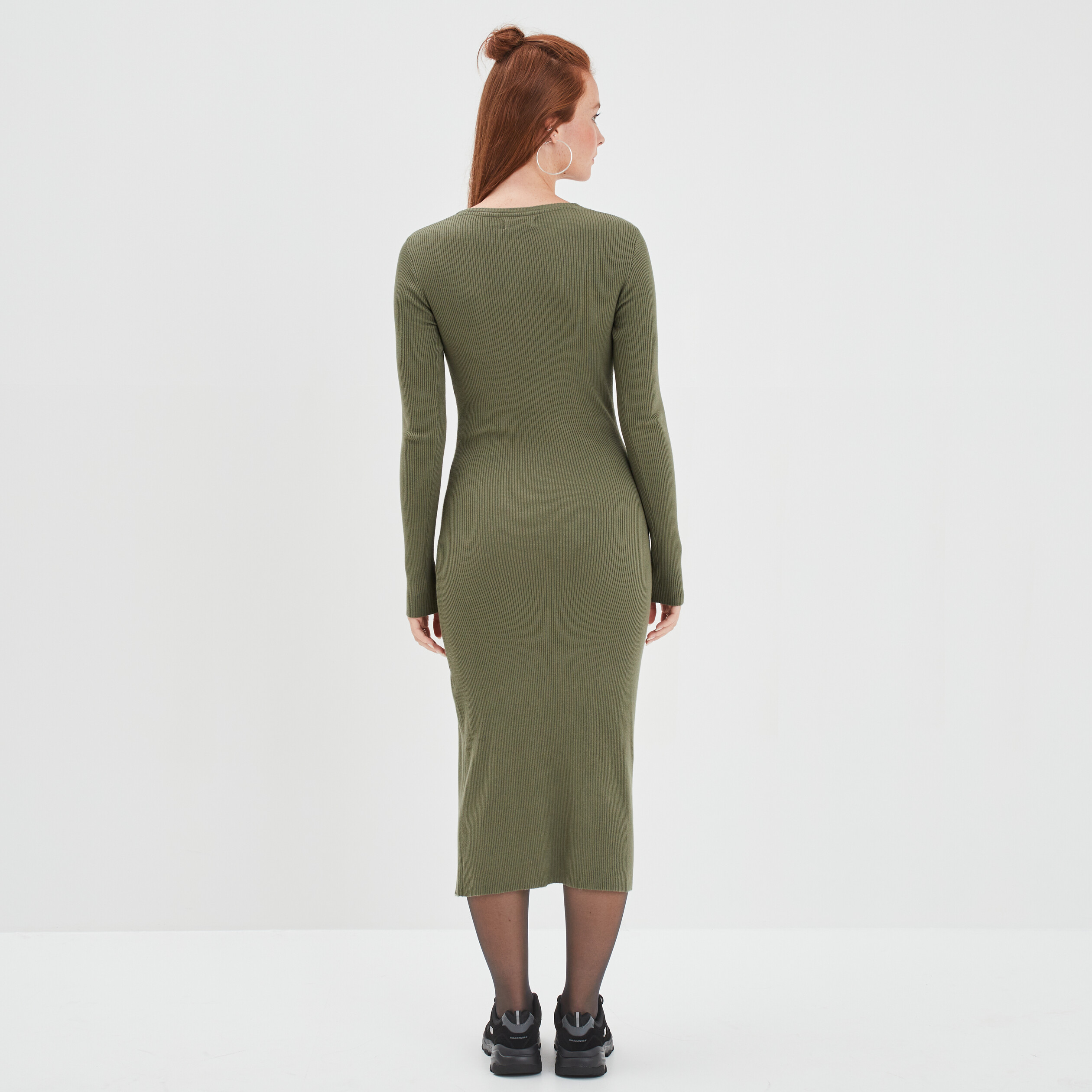 Robe pull longue moulante fendue vert kaki femme | La Halle