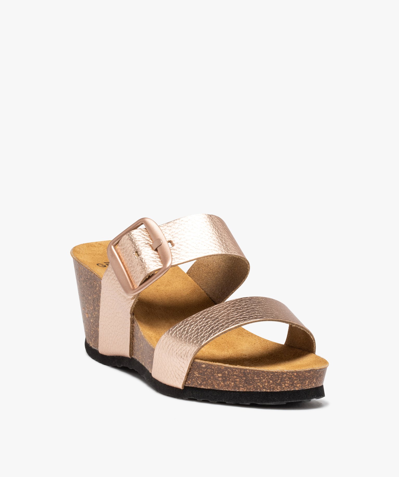 Mules femme compensées à larges brides en cuir rose | GEMO