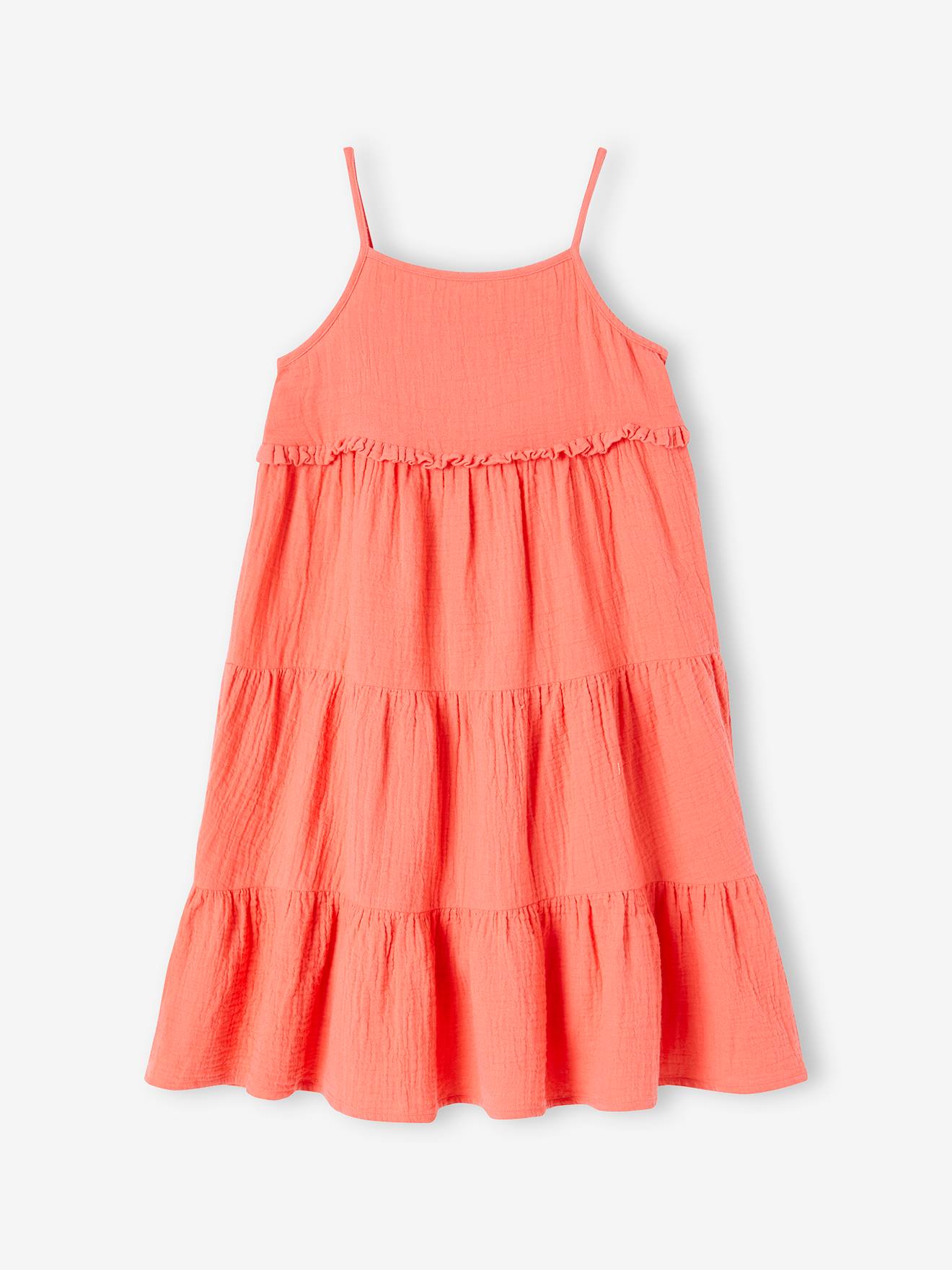 Vertbaudet Langes Mädchen Trägerkleid - orange bedruckt