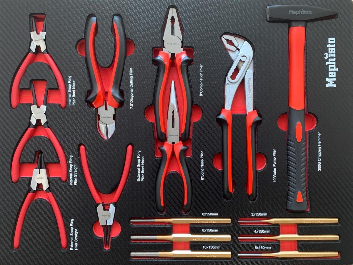 Mephisto-Tools Werkstattwagen, (fertig montiert und bestückt), 7 abschließbare Schubladen, je Schublade belastbar bis je 35 kg, 2 Schlüssel inkl., kugelgelagerte Rollen mit Gummierter Beschichtung, Werkzeug ist aus hochwertigem Chrom Vanadium Stahl,