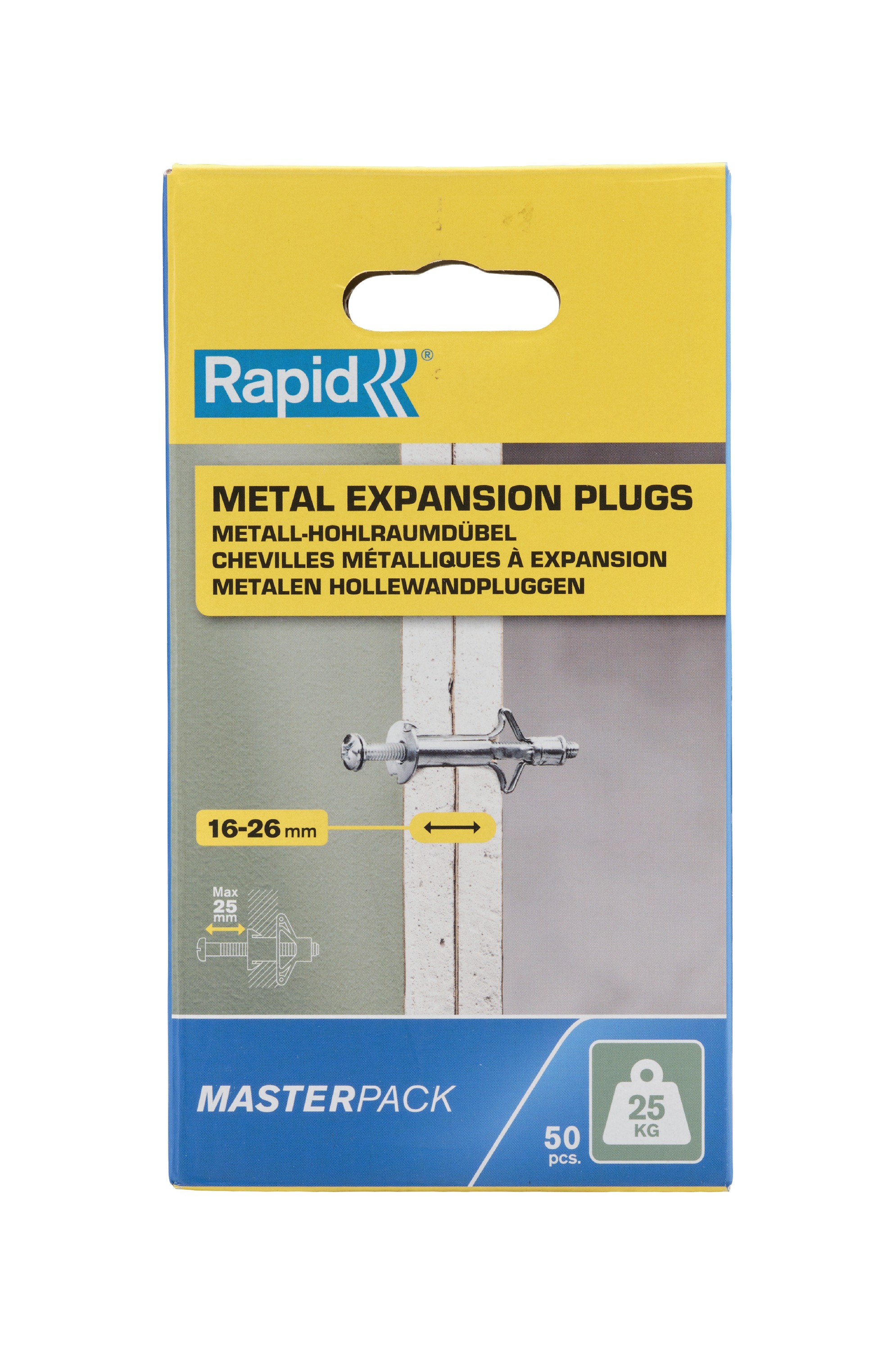 Chevilles creuses Rapid 5001561, lot de 50, pour panneaux de 16 à 26 mm d'épaisseur, capacité de charge de 25 kg.