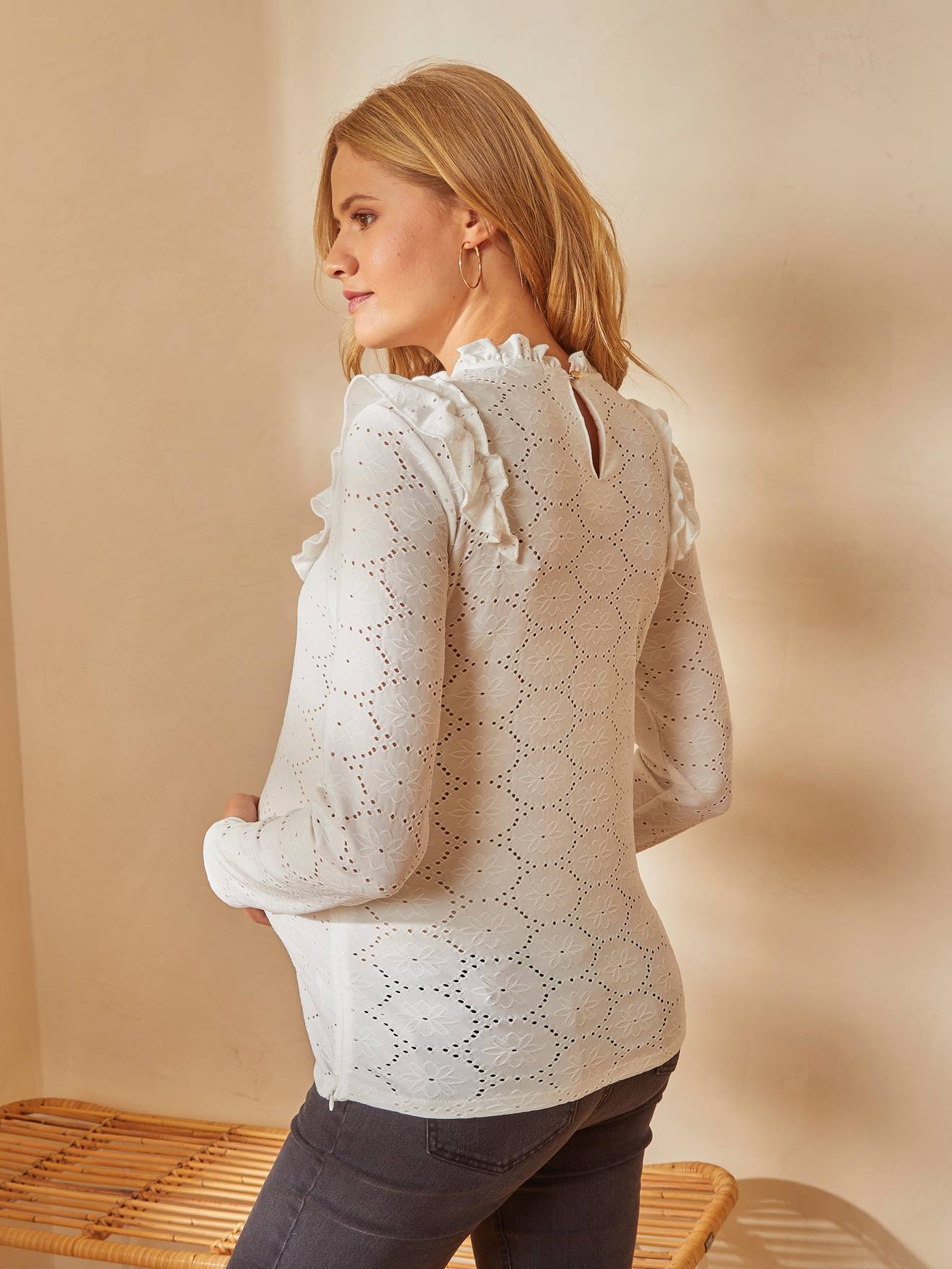 Vertbaudet Umstandsshirt mit Spitze und Volants - beige