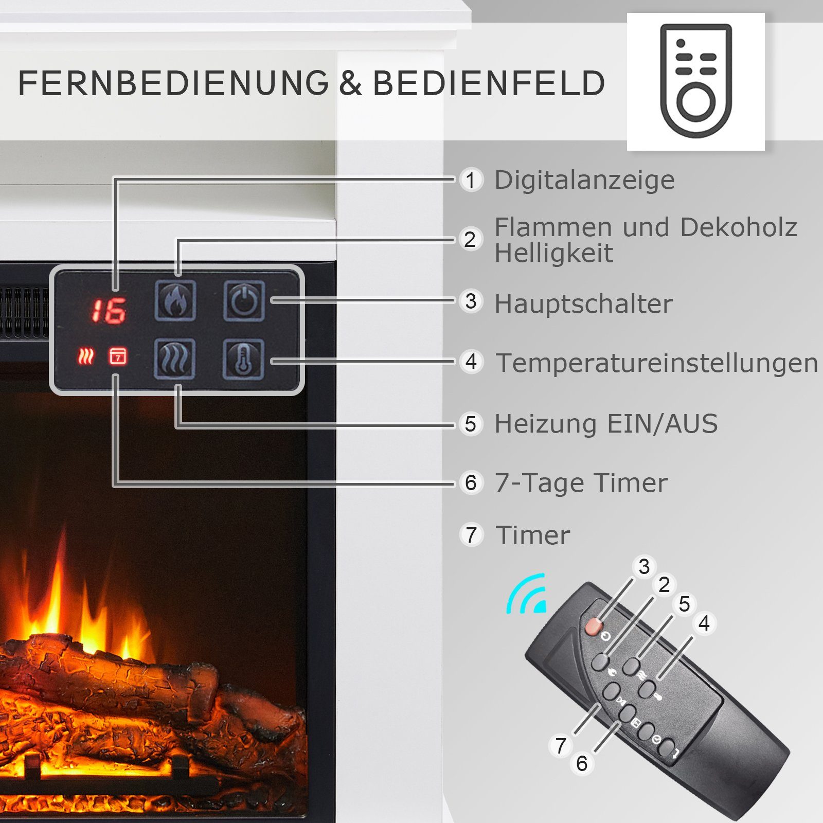Balderia Elektrokamin Frida, Standkamin mit Heizung 2000W, 3D-Flammeneffekt, Fernbedienung, Timer, Thermostat