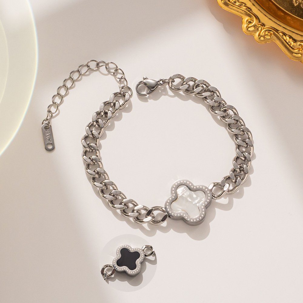 ENGELSINN Silberarmband Armreif Armband Kettenarmband Silber Anhänger Weiß Schwarz Kleeblatt (1-tlg), inkl. Geschenkbox