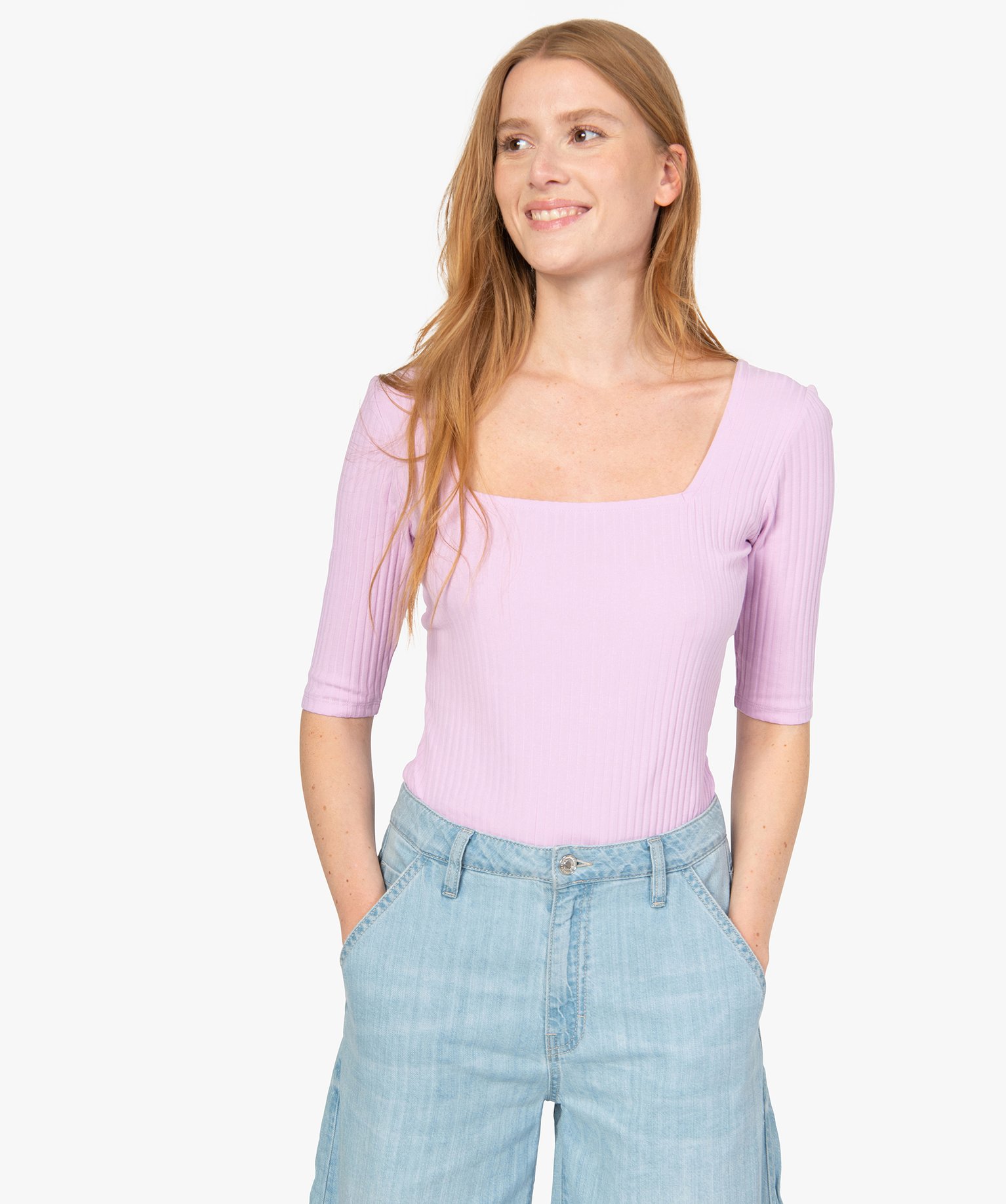 Tee-shirt femme à manches courtes en maille ctelée | GEMO