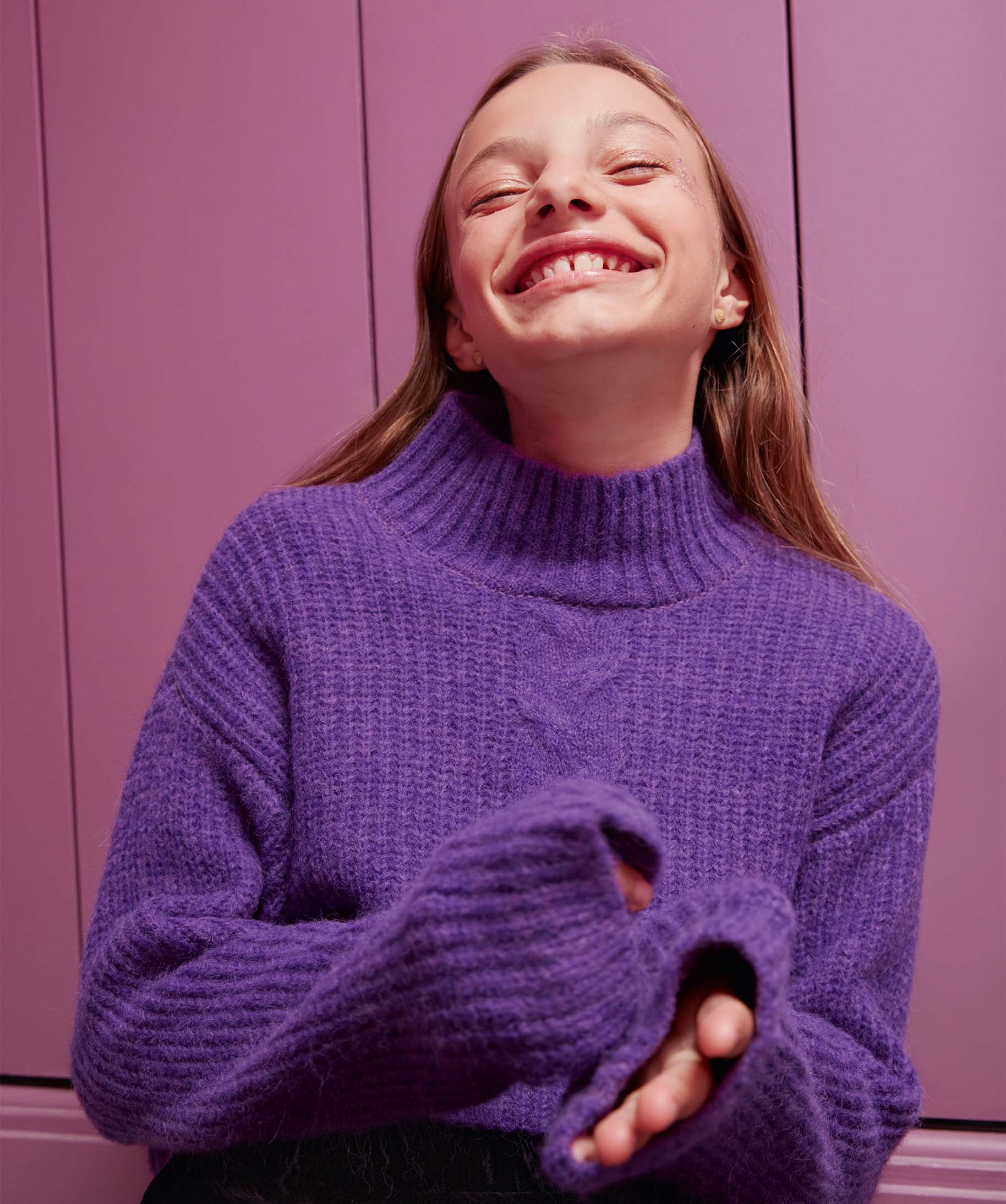 Pull fille col montant avec torsade sur l’avant violet | GEMO