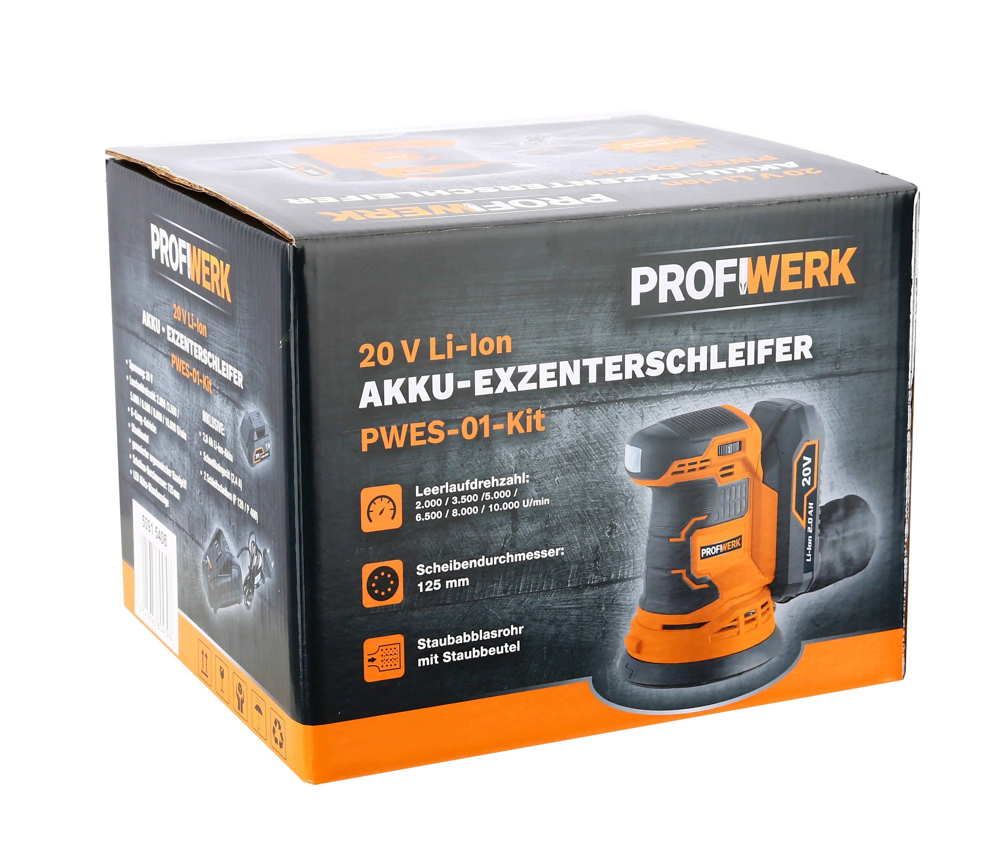 Profiwerk Akku-Exzenterschleifer PWES-01-Kit 20V, 125 mm, 2,0Ah Akku, Netzteil, max. 10000 U/min