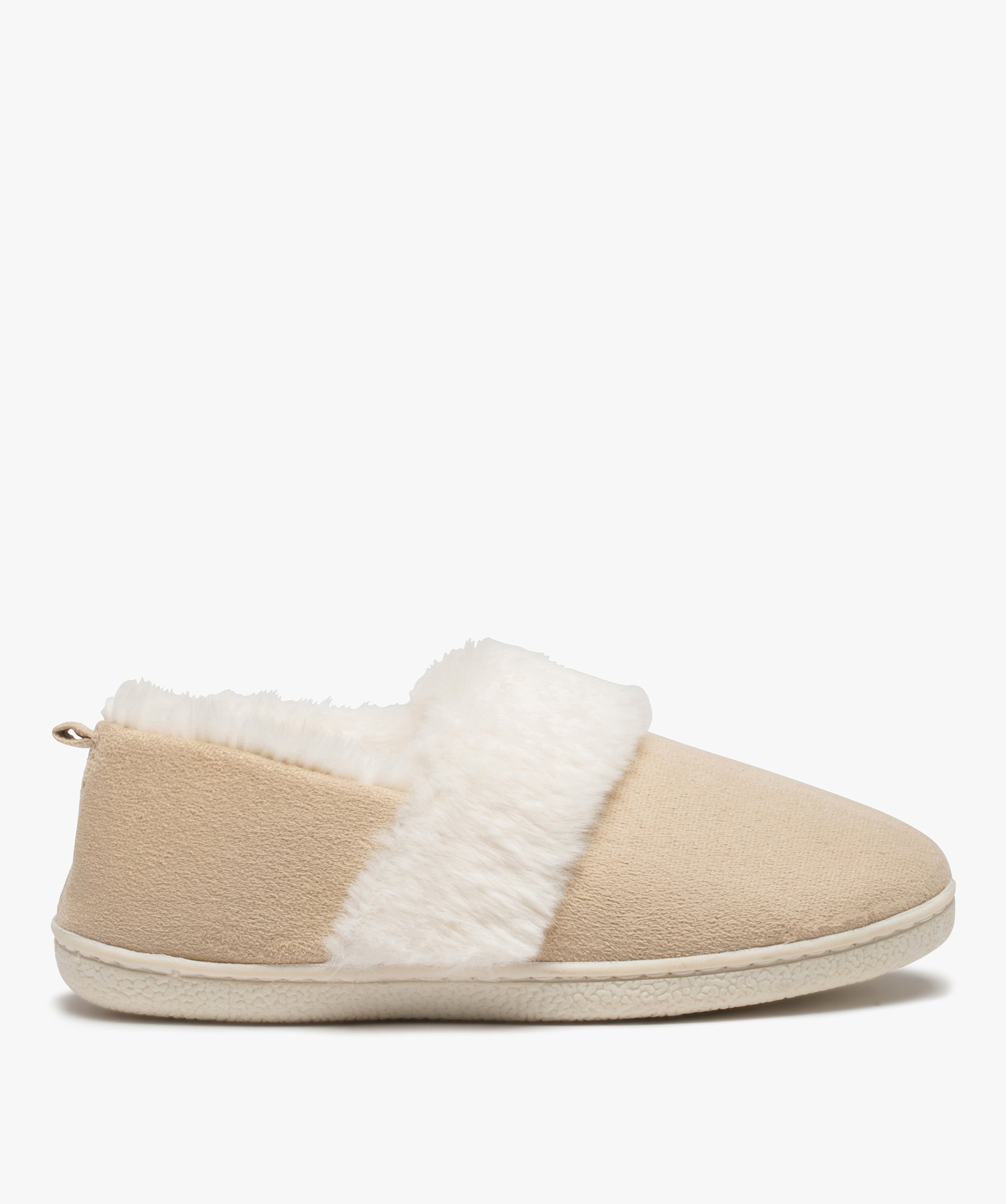 Chaussons femme fourrés dessus en suédine unie beige | GEMO