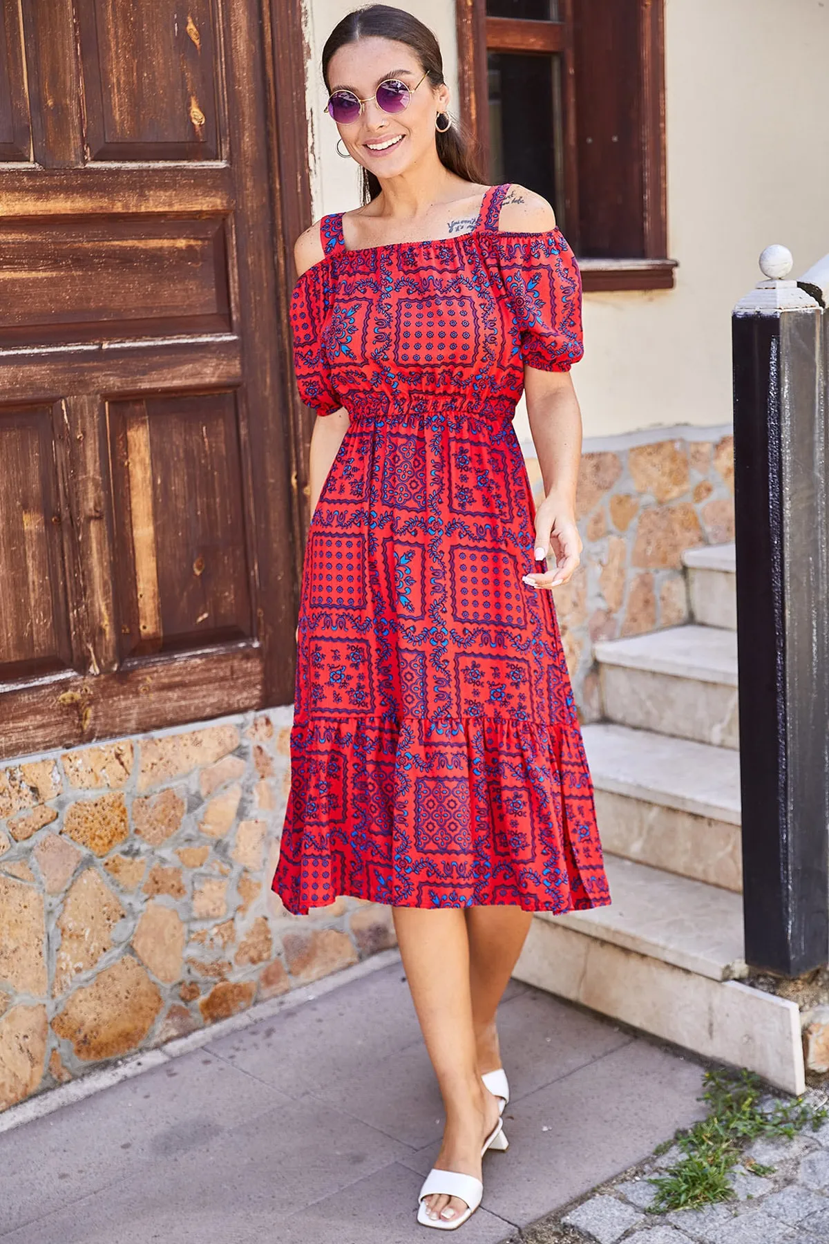 armonika  Korallenrot kariertes, floral gemustertes Trägerkleid mit elastischer Taille für Damen