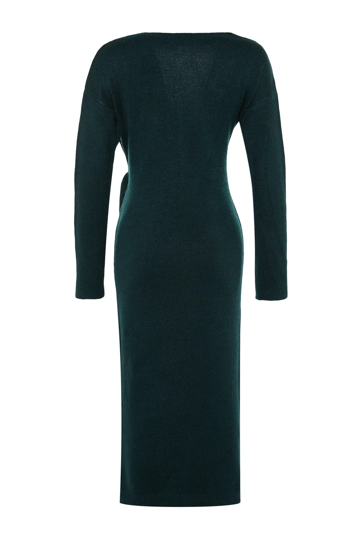 Trendyol Collection  Smaragdgrünes Maxi-Strickkleid mit weicher Struktur und zweireihigem Kragen und Bindeband TWOAW21EL0263