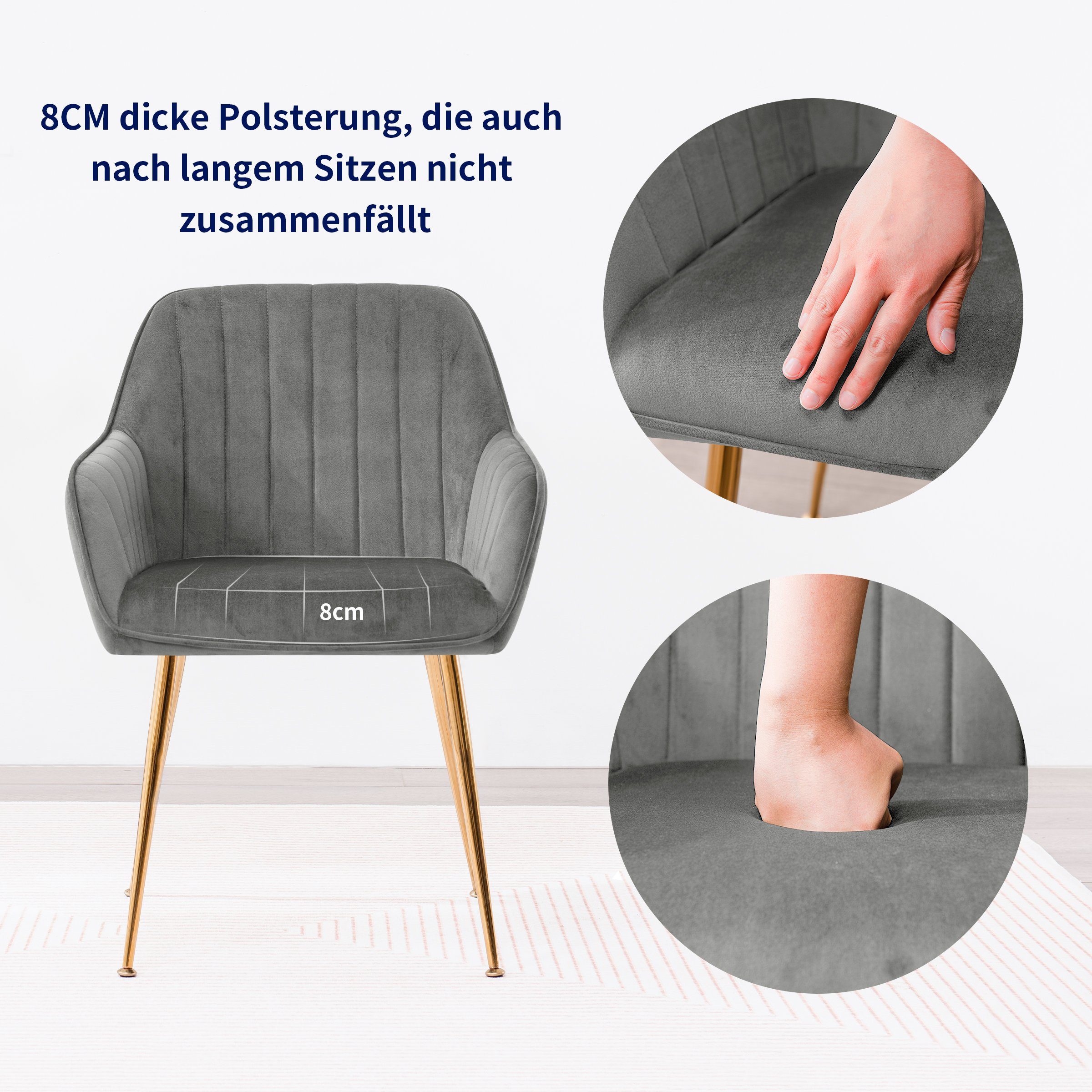 SUBRTEX Esszimmerstuhl Sessel mit Rückenlehne, 2er Set, Schwammpolster, Ständer aus Metall