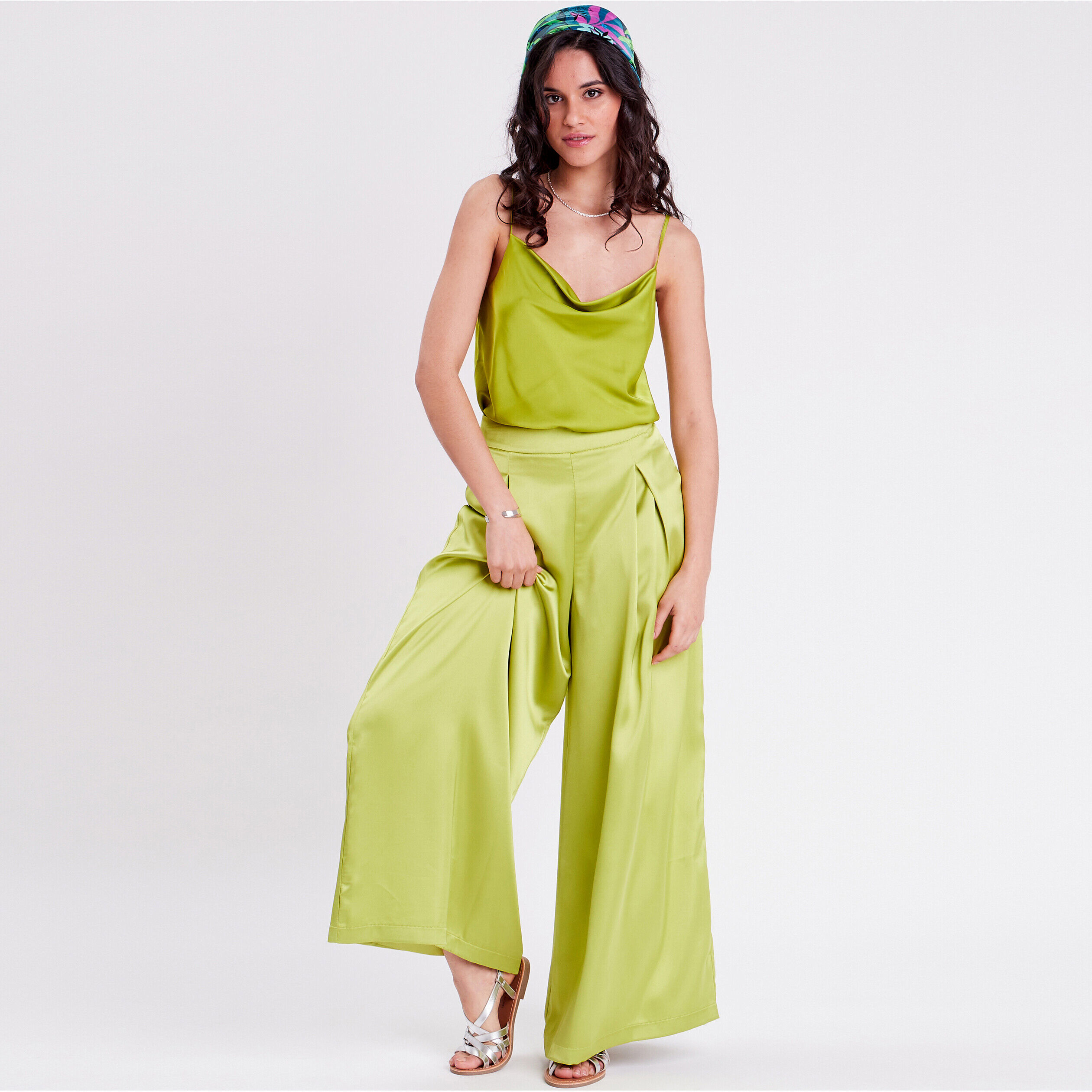 Pantalon large vert anis femme | Cache Cache