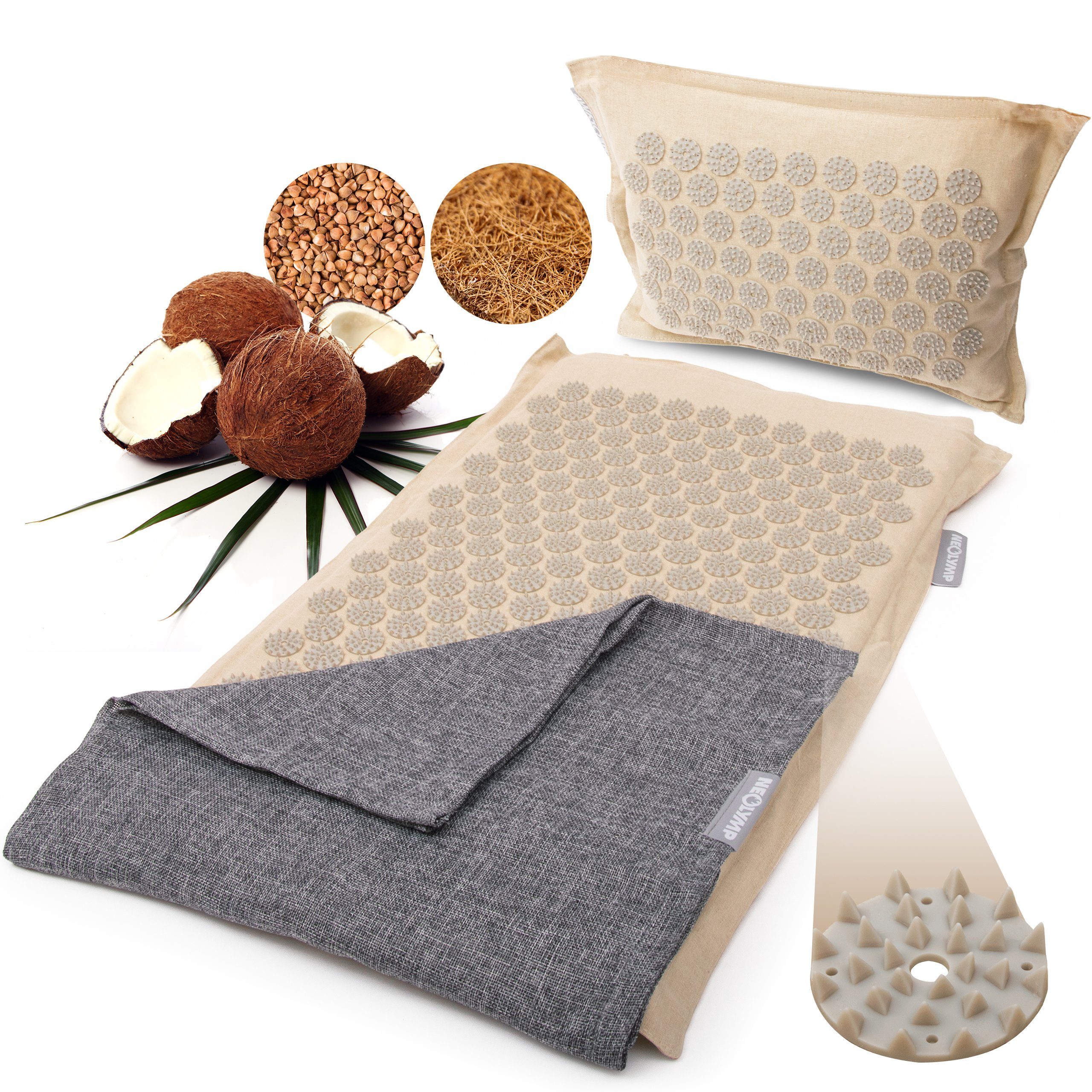 NEOLYMP Akupressurmatte 100% Leinen, Kokosfaserfüllung, Buchweizen - 6.930 Druckpunkte (Set, Akupressurmatte, Akupressurkissen, Baumwolldecke), Klettverschluss, wandelbar zur Tragetasche, Ganzkörpermassage