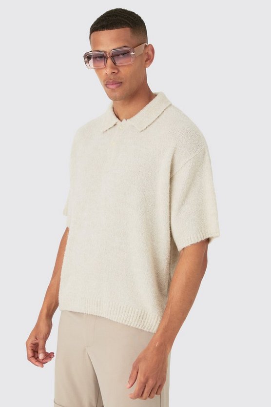 Kastiges Oversize Bouclee Strick-Poloshirt in Ecru