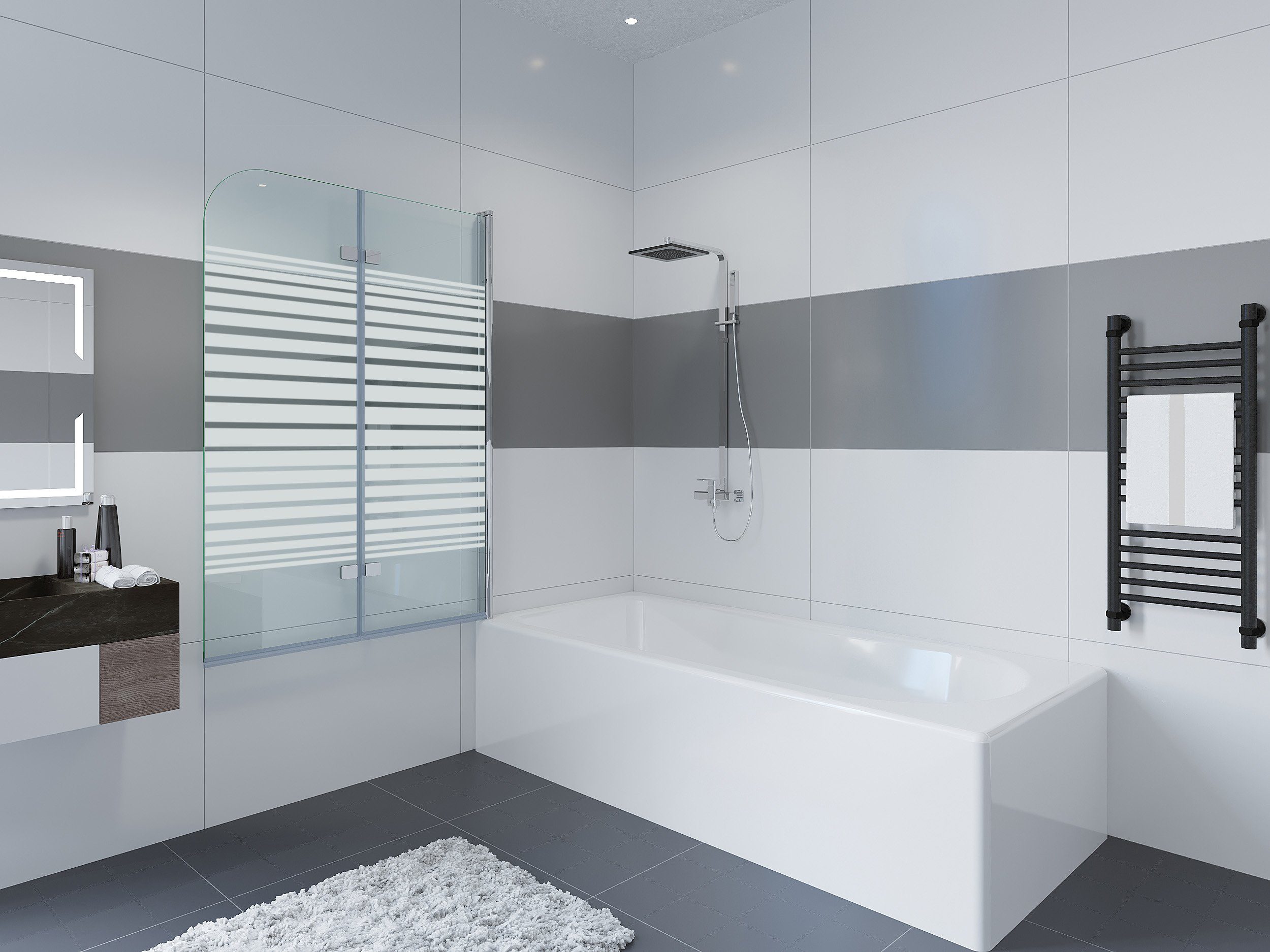 IMPTS Badewannenaufsatz Duschwand für Badewanne, Glas Alu, (2 tlg., 2 TLG), Duschabtrennung für Badewanne, inkl. Nano-Beschichtung Badewannenfaltwand, Dekor Querstreifen, Badewannenaufsatz