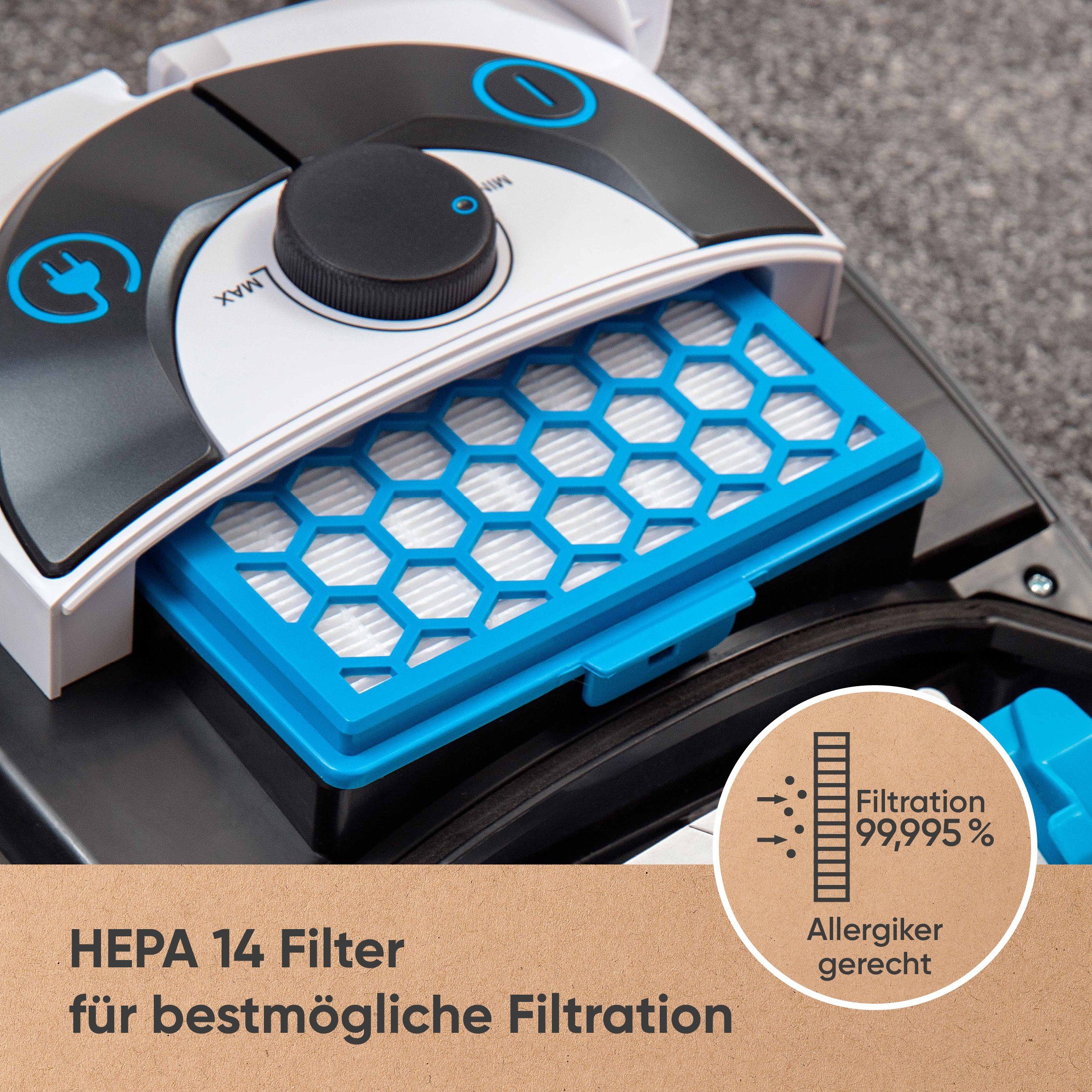hoogo Bodenstaubsauger B3+ flipflop mit High-End Leichtlaufdüse und flipflop-Düse, 850,00 W, mit Beutel, HEPA-14-Filter, ideal für Allergiker, saugt Milben und Pollen