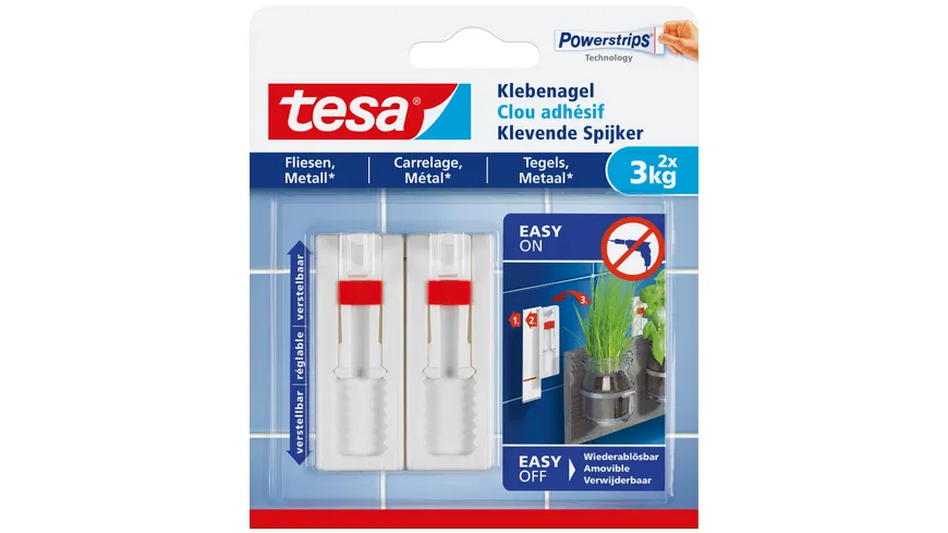 tesa Powerstrips® Verstellbarer Klebenagel für Fliesen und Metall (3kg)