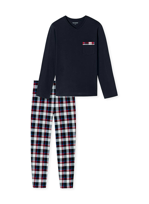 Schiesser, Pyjama, Baumwoll-Jersey, nachtblau-rot kariert