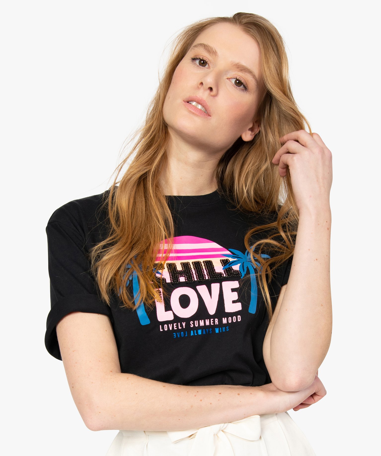 Tee-shirt femme ample à motif brillant noir | GEMO