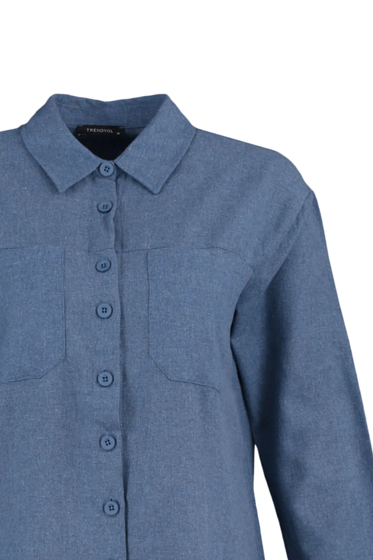 Trendyol Modest  Blaue gewebte Winter-Hemdjacke mit zwei Taschen TCTAW23TG00052