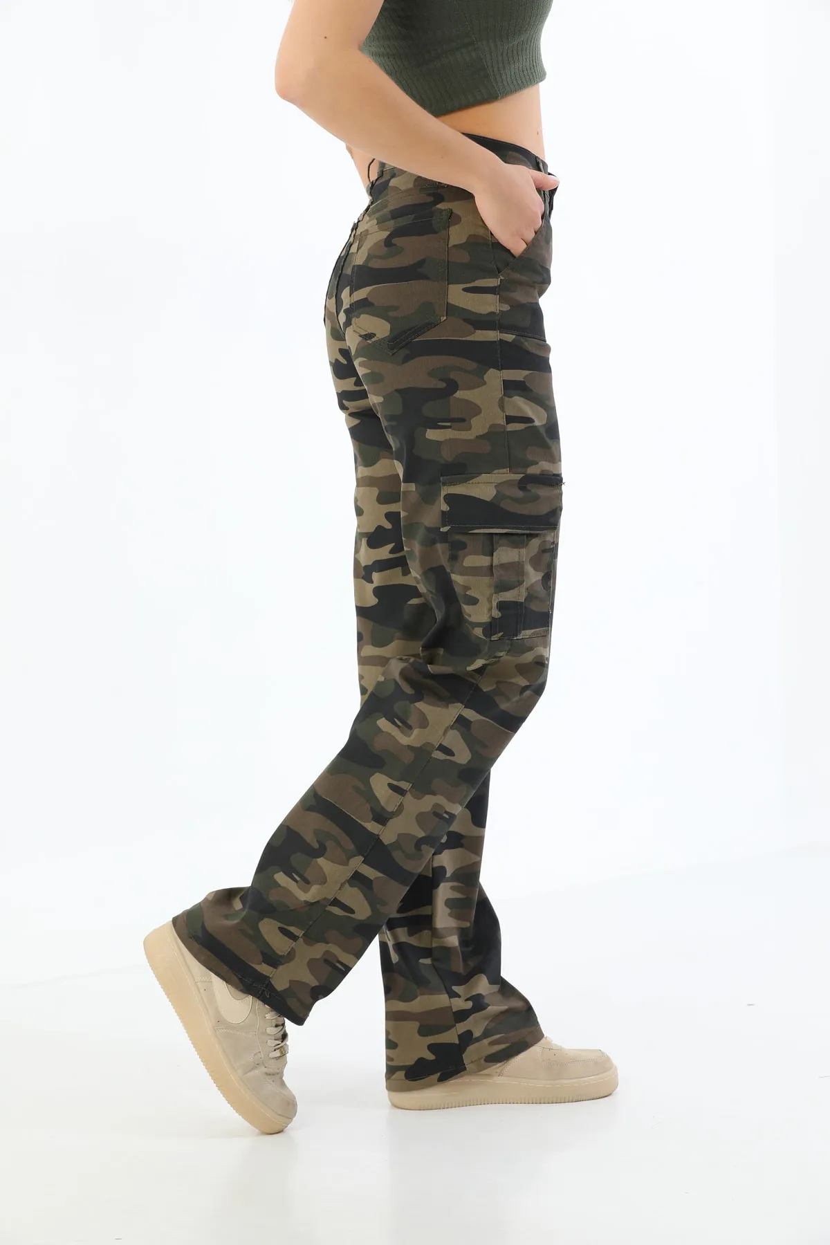 BİKELİFE  Camouflage-Hose mit weitem Bein und Cargotasche aus Lycra mit hoher Taille