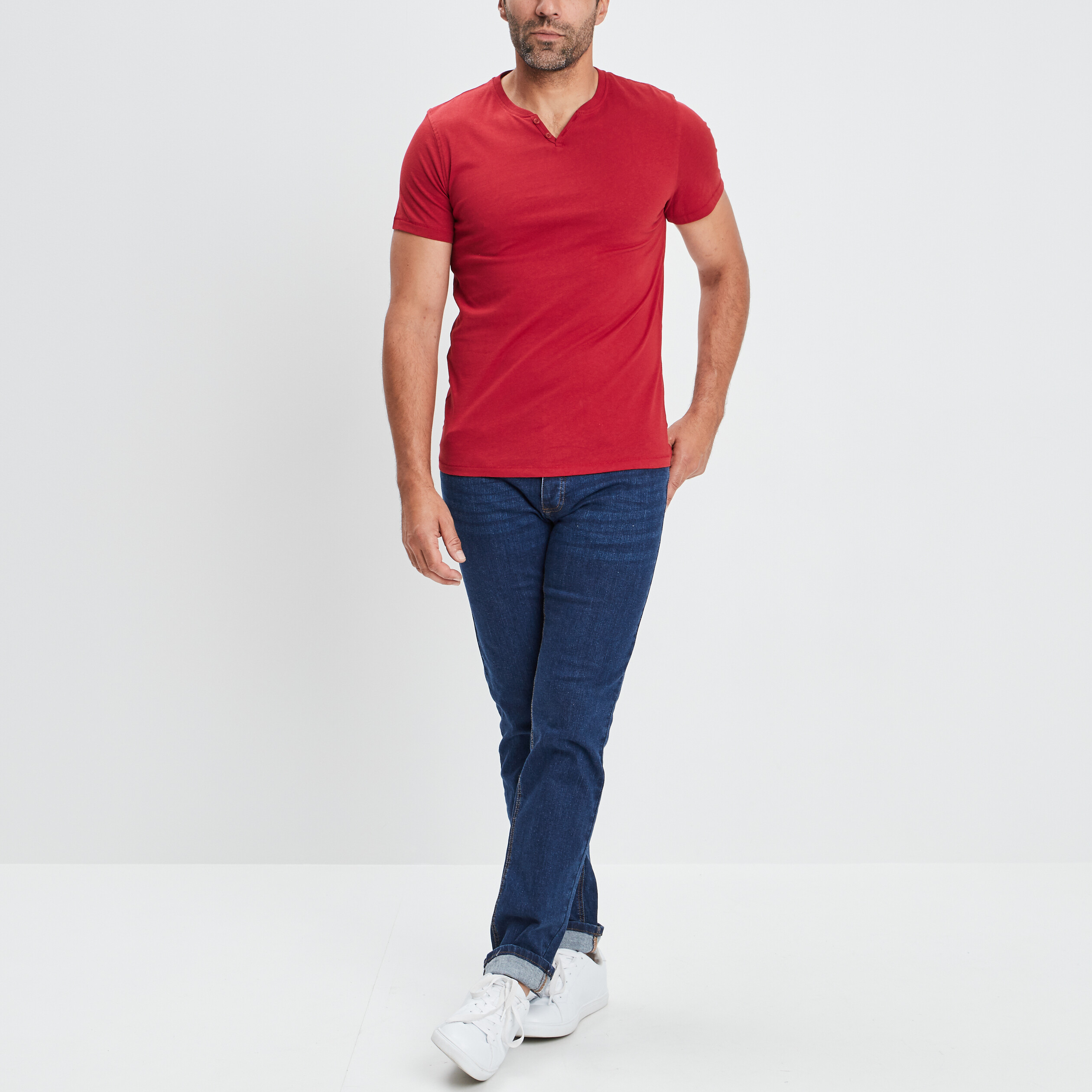 T-shirt manches courtes col tunisien bordeaux homme | La Halle