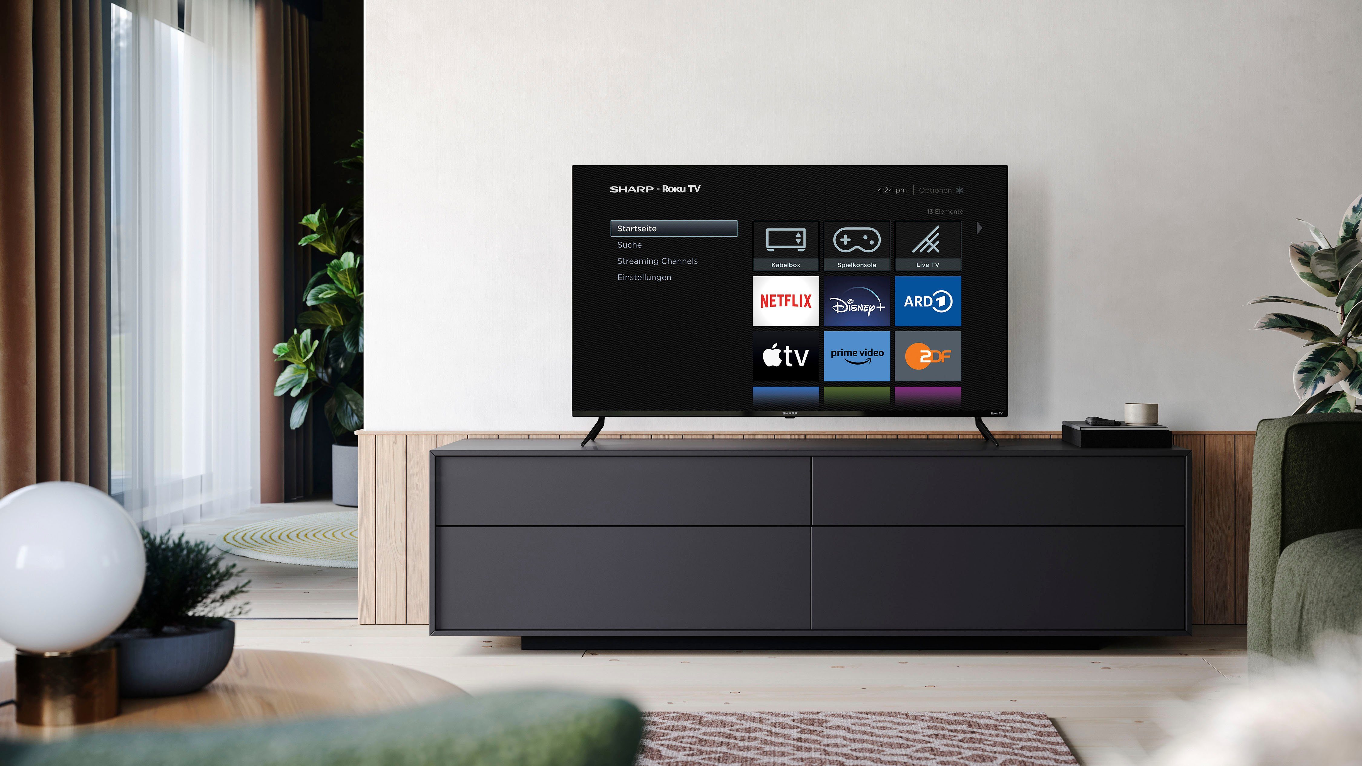 Sharp 55FJ2E LED-Fernseher (139 cm/55 Zoll, 4K Ultra HD, Smart-TV, Roku TV nur in Deutschland verfügbar, Rahmenlos, HDR10, Dolby Digital)