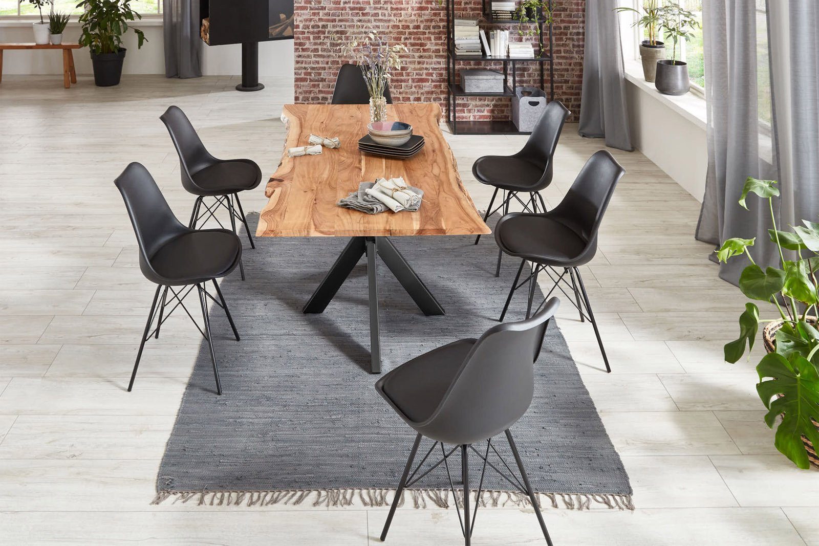 SAM® Essgruppe Harbor, Akazienholz, Baumkante massiv, Metallgestell Spider-Form + 6 Stühle
