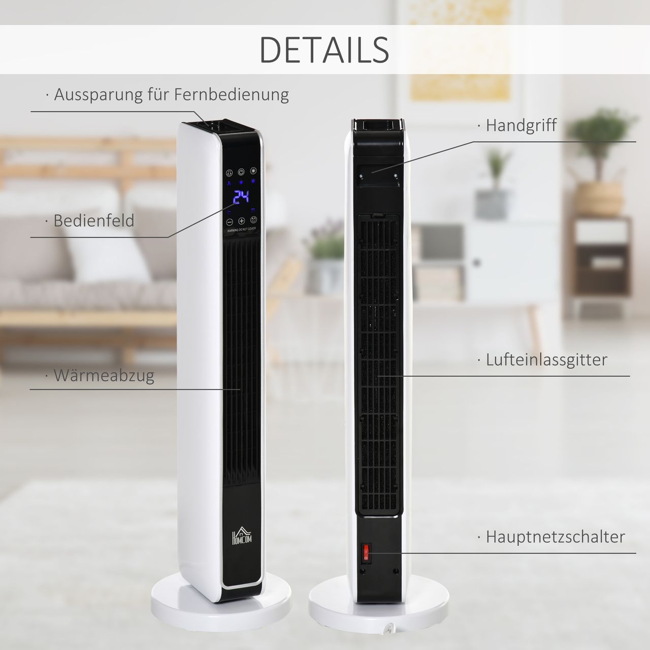 HOMCOM Heizgerät Heizlüfter 2200W Elektroheizer Keramik Heizturm mit Fernbedienung 8-Stunden-Timer Oszillation Heizer Heizung ABS PA Weiß Schwarz 21 x 21 x 73 cm