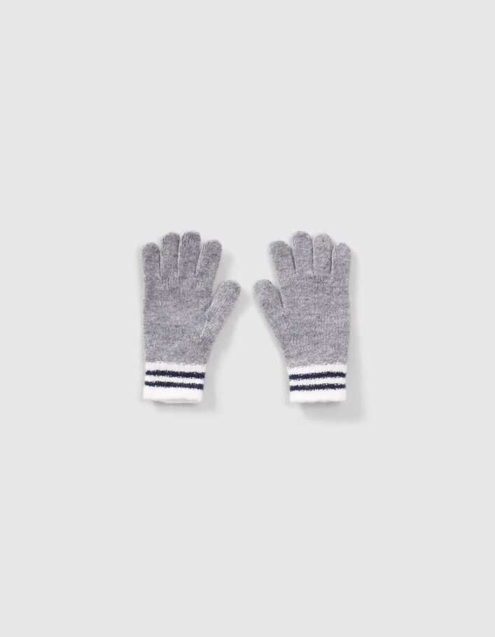 Gants gris tricot bords-côtes rayés garçon