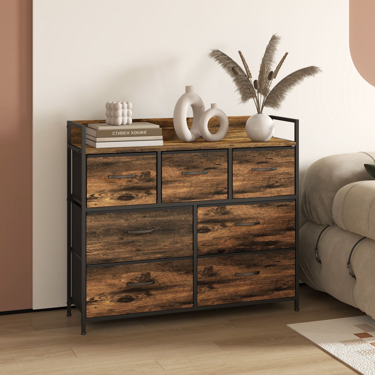 HOMCOM Kommode, Sideboard mit 7 Faltbaren Schubladen aus Stoff, Griff und Regal
