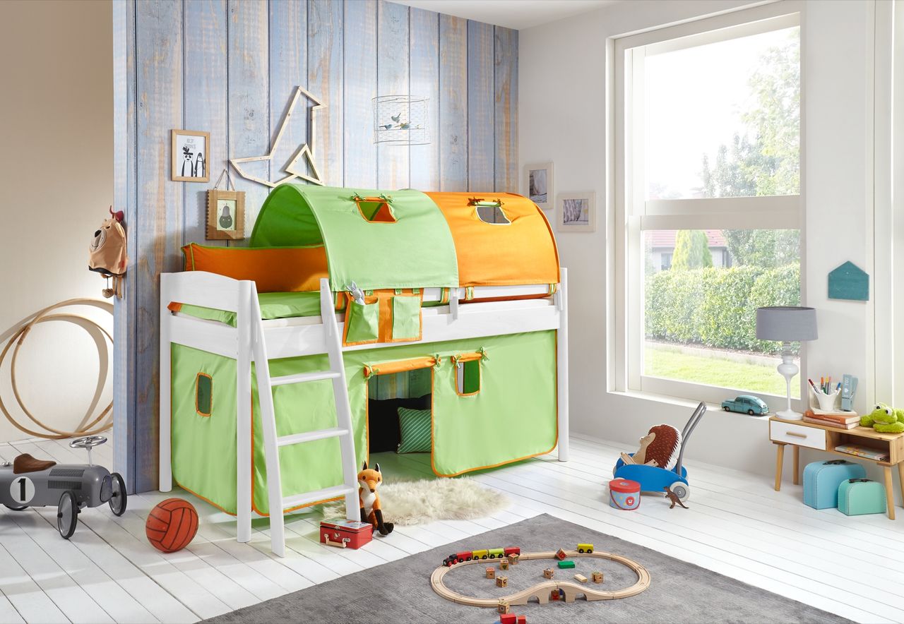 Relita Halbhohes Bett MICHELLE 90x200 cm Buche massiv weiß lackiert, mit Textilset Vorhang, 2-Tunnel, Tasche grün/orange