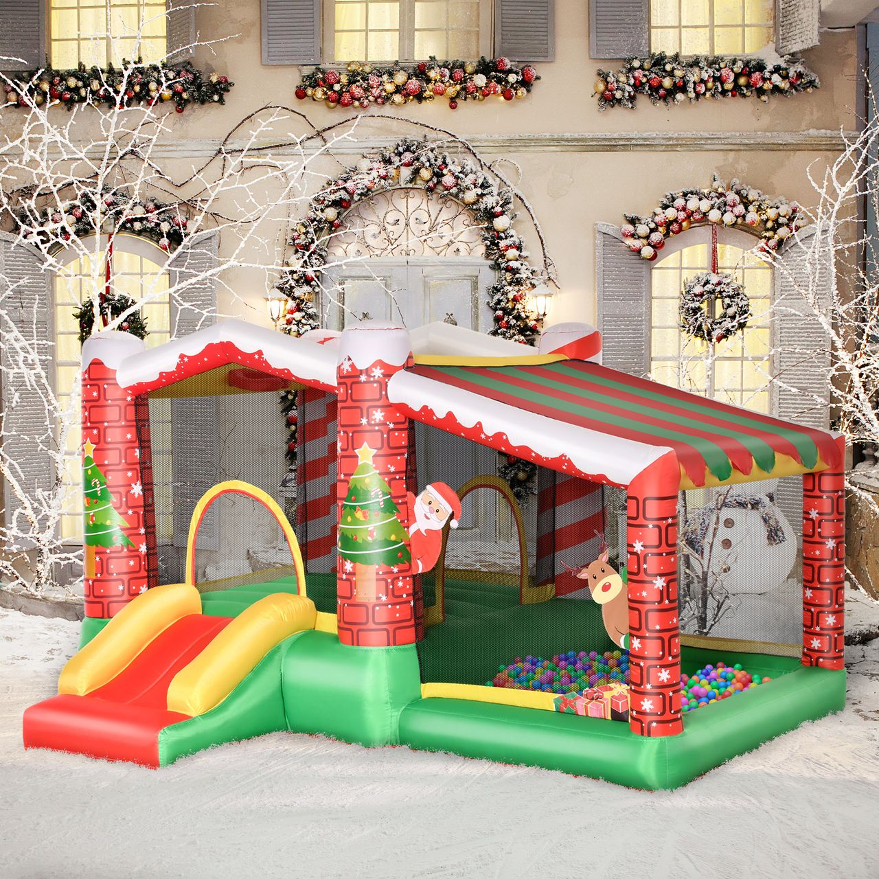 Outsunny Weihnachten Aufblasbare Hüpfburg Trampolin kleine Rutsche Ballgrube für 3 Kinder Springburg mit Gebläse für 3-8 Jahre Kindergarten Oxford-Gewebe Polyester Rot Grün 325 x 270 x 175 cm
