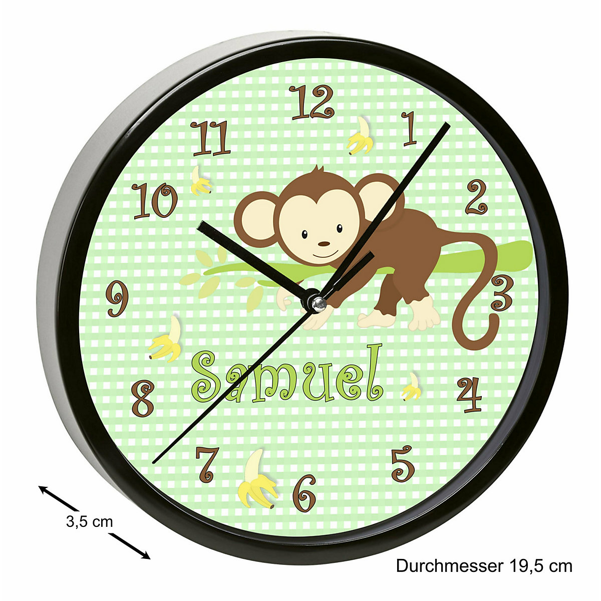 Kinder Wanduhr personalisiert mit Name Affe hängend Grün