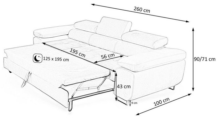 Beautysofa Schlafsofa Couch Dreisitzer Schlafsofa modernen Stil, mit Verstellbare Kopfstütze, Schlaffunktion